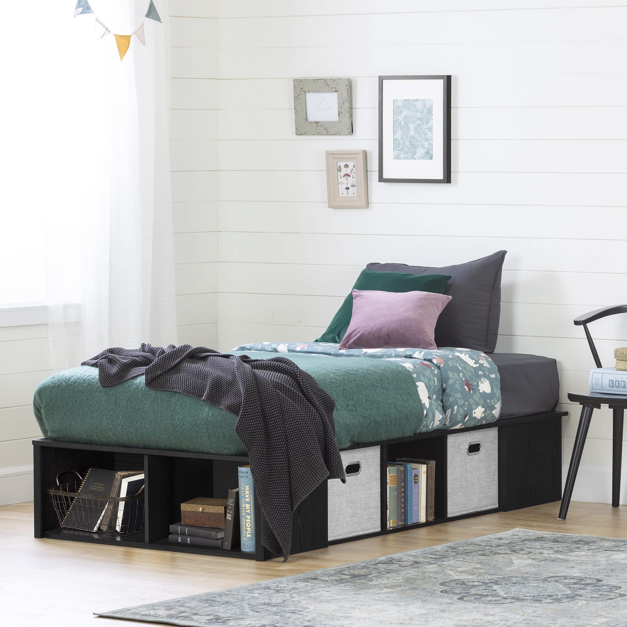 South Shore Flexible Twin Bed Frame with Storage Baskets, Modern Platform Bed in Black Oak & Taupe - Perfect for Small Bedrooms, Kids' Rooms & Guest Rooms