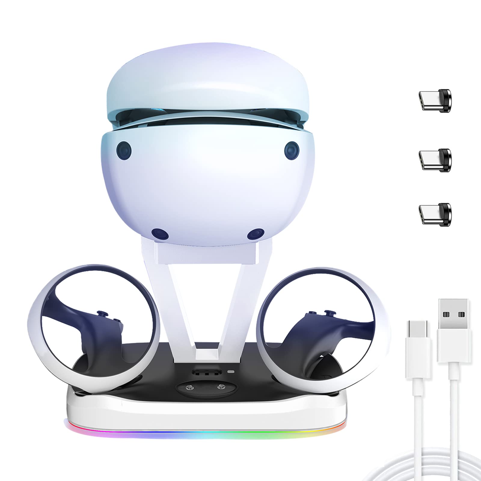 PS5 VR2 Controller Charging Station - Fast Charging Dock with Magnetic Interface for VR2 Playstation, Includes Headset Stand, RGB Lighting, USB C Cable & 3 Magnetic Type C Connectors - Perfect for Gaming Setup & VR Accessories Organization