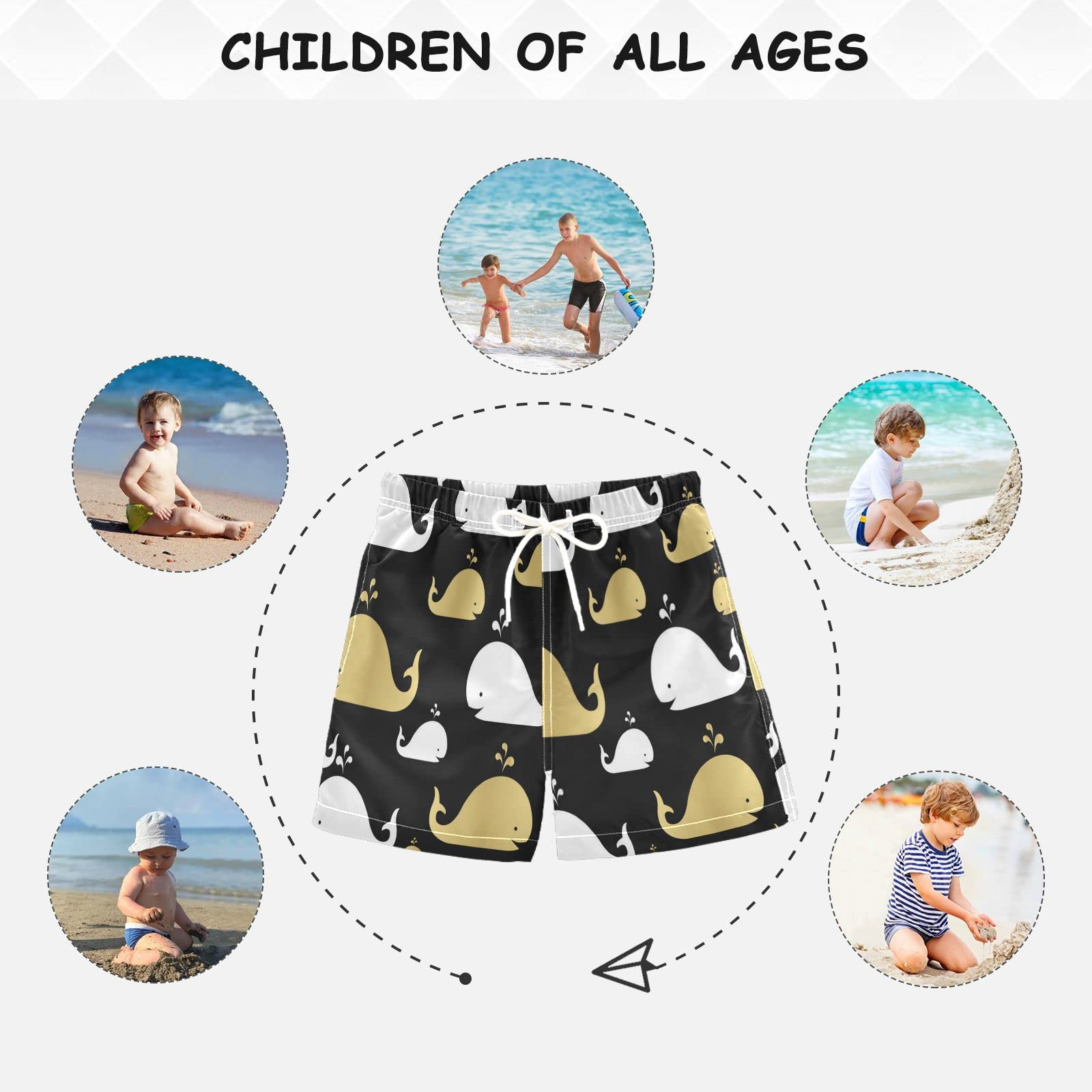Whales Gold Black Boys Swim Trunks | Quick-Dry Toddler Swimwear | UPF 50+ Sun Protection | 2T Size for Beach, Pool & Summer Water Activities
