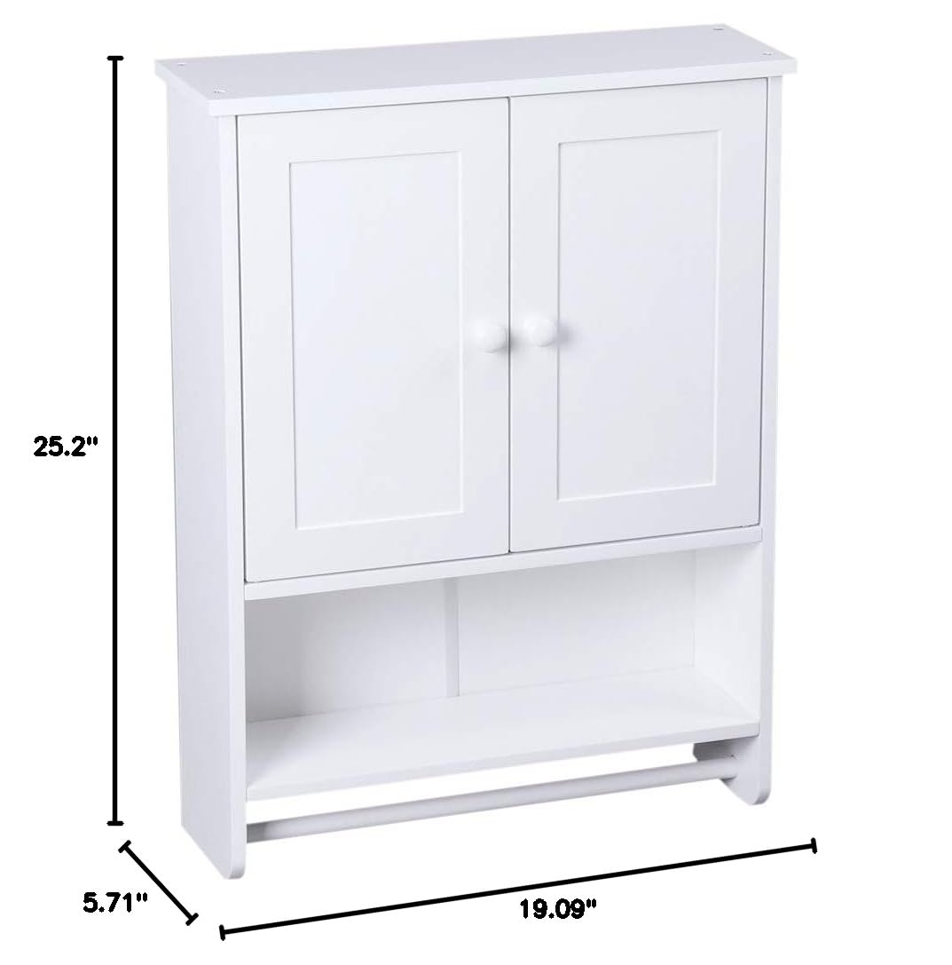 White Wall Mounted Cabinet with Double Doors & Hanging Bar - Bathroom & Kitchen Storage Cupboard for Towels, Dishes & Organizing Essentials