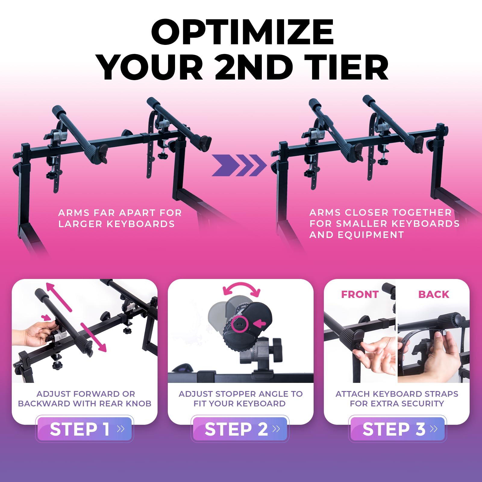 Dual Tier Adjustable Z-Style Piano Keyboard Stand with 2nd Tier Arms - Heavy Duty Portable Music Stand for 54/61/88 Key Digital Pianos & Synthesizers - Perfect for Home Studios, Live Performances & Music Classrooms