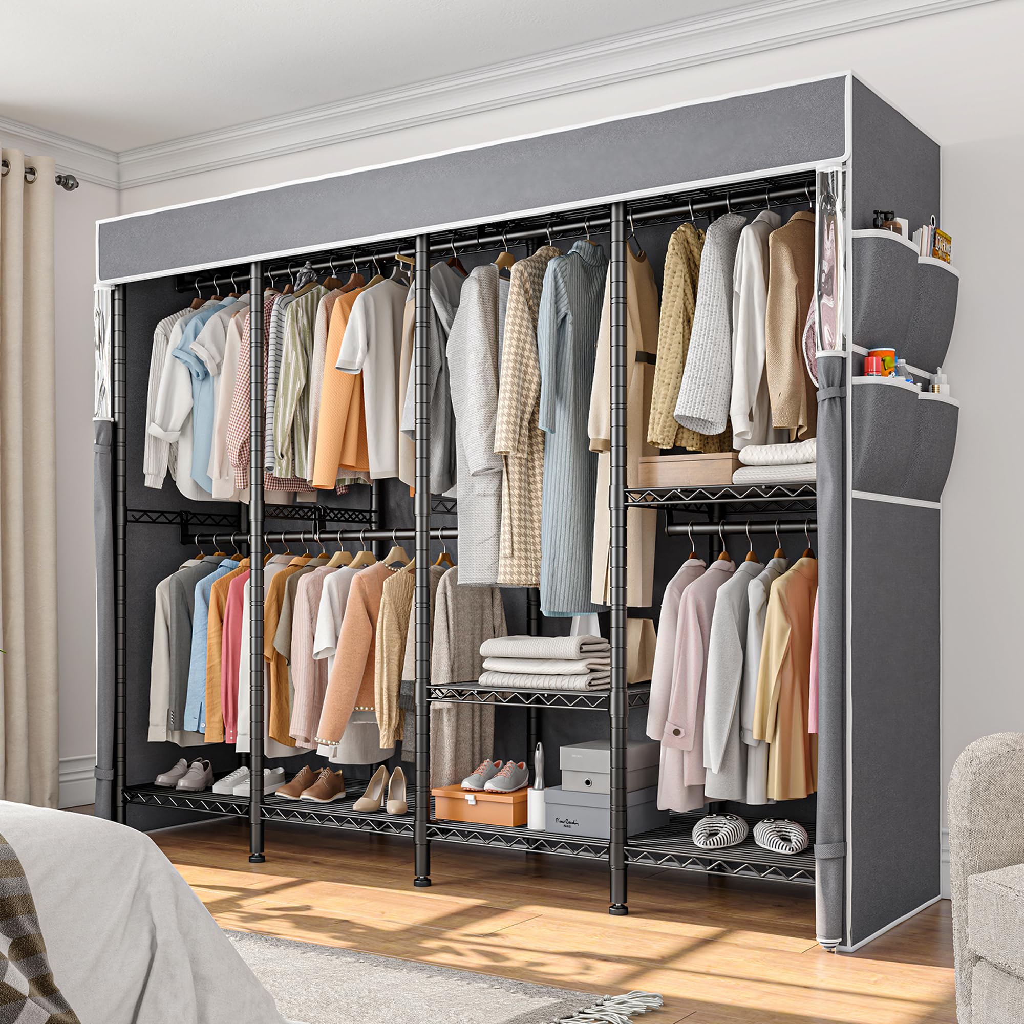 Raybee Heavy Duty Metal Clothes Rack with Cover - Adjustable Garment Rack for Hanging Clothes, 1100 LBS Capacity Wardrobe Closet (17.7