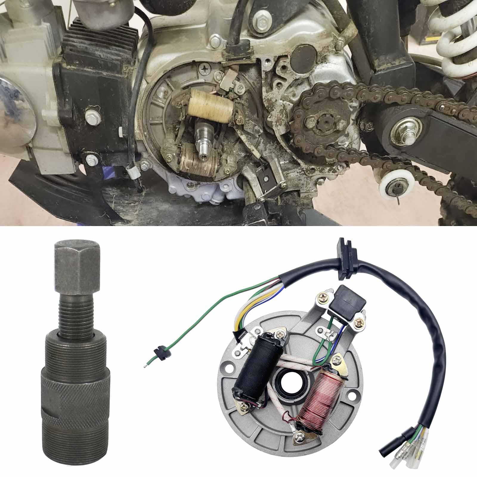 QISF 2 Coil Ignition Magneto Stator Plate for 50cc 70cc 90cc 110cc 125cc ATV Quad Dirt Bike - Compatible with Taotao Kazuma SSR Baja - Includes 24mm & 27mm Magneto Flywheel & GY6 Puller - ATV Scooter Repair Tool for Off-Road Maintenance & Engine Tuning