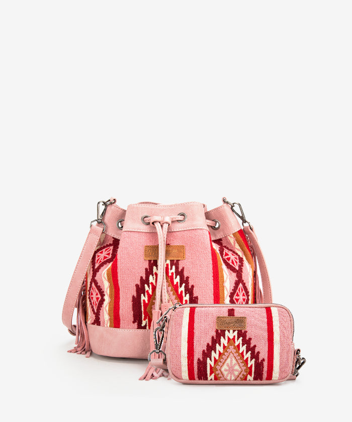 Wrangler Aztec Knitted Bucket Bag Set for Women - Boho Chic Crossbody Purse with Adjustable Strap - Perfect for Travel, Shopping & Everyday Use