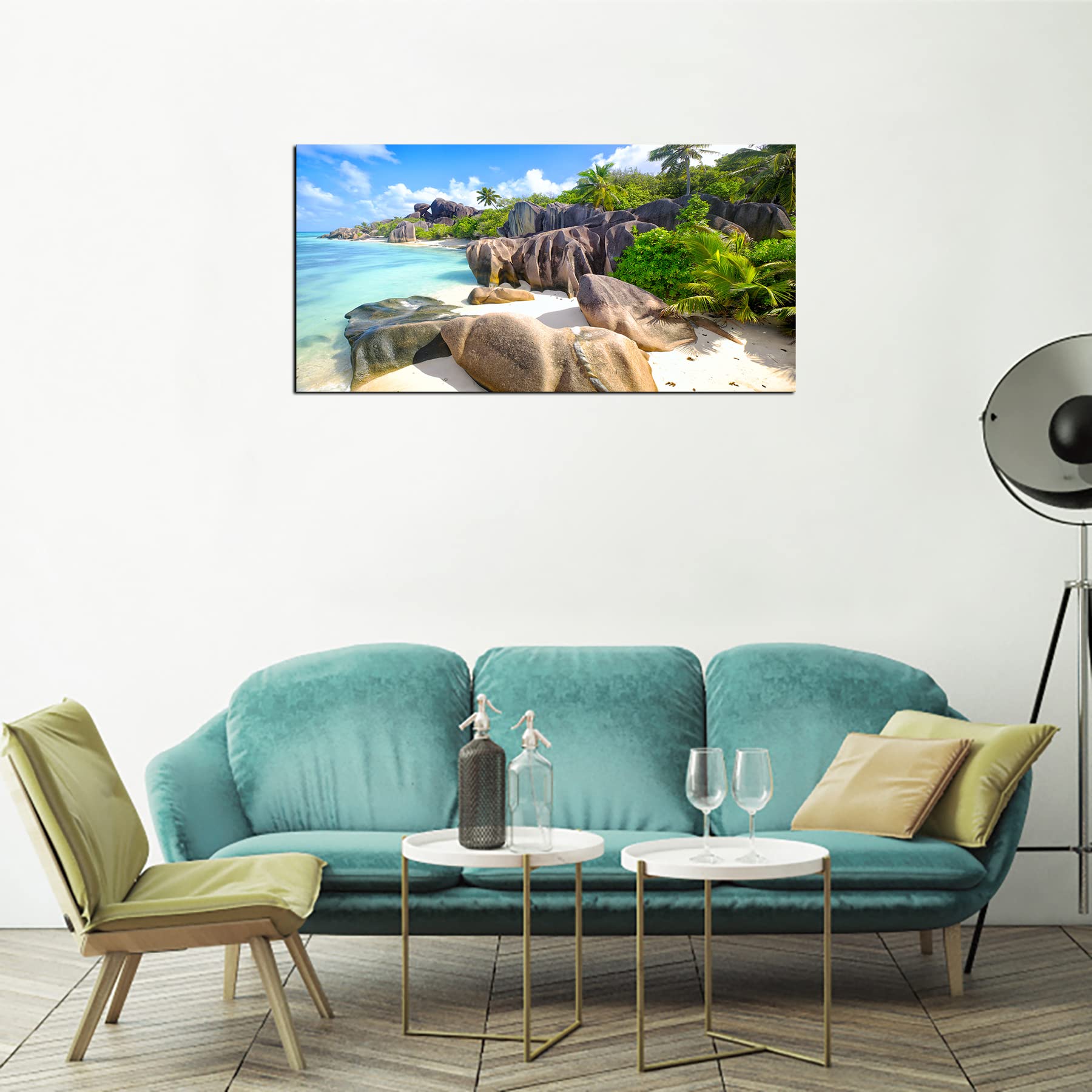 YP0775 Beach Wall Art - Stone Coconut Trees on Sands Seascape Painting - Tropical Nature Picture for Bedroom, Living Room & Office Decor - Perfect for Coastal, Vacation Home or Beach House Style