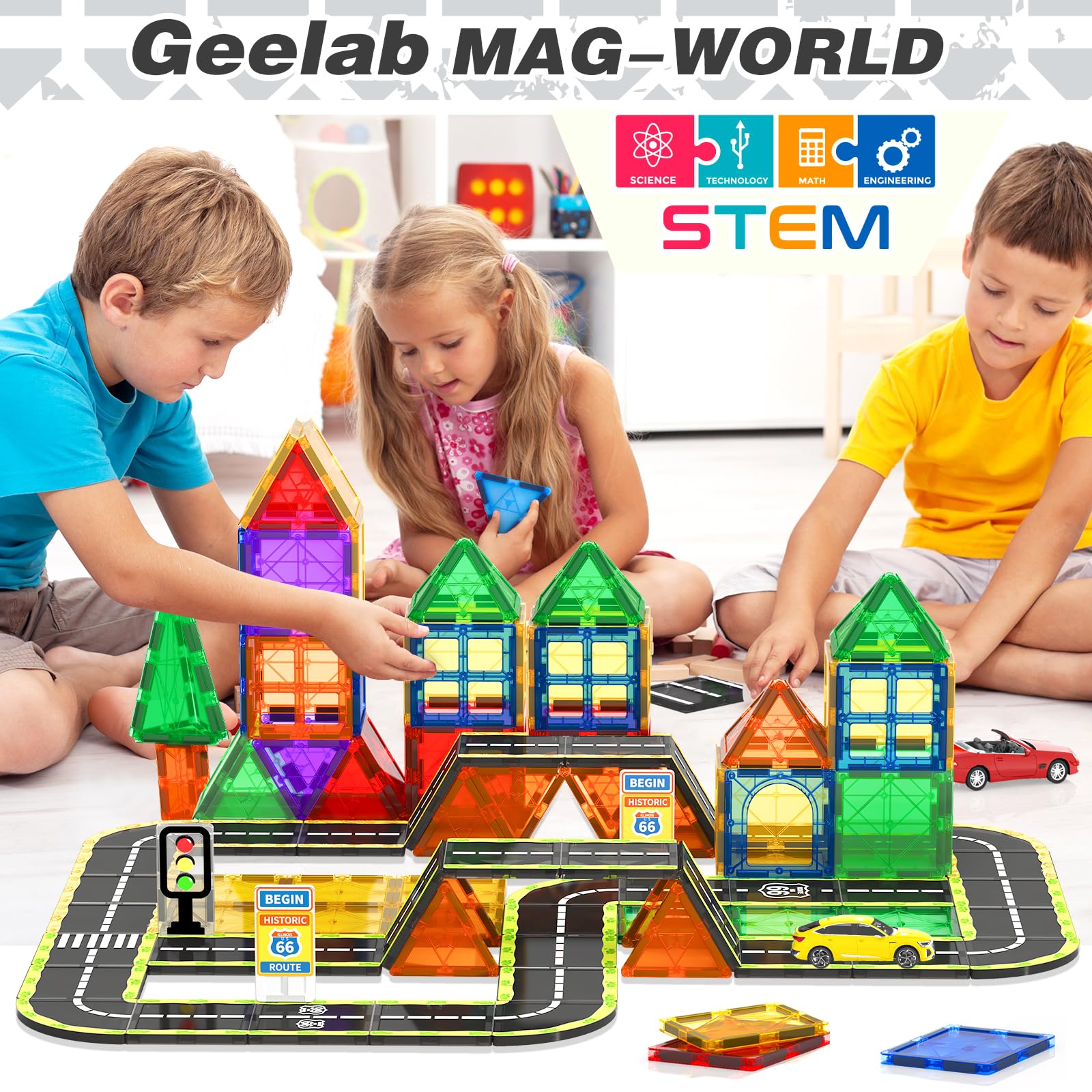 Magnetic Tiles Route 66 Road Set - STEM Educational Building Blocks for Kids Ages 3-8, Creative Construction Toys for Boys & Girls, Sensory Learning Toys for Toddlers - Perfect for Christmas, Birthday Gifts & Classroom STEM Activities