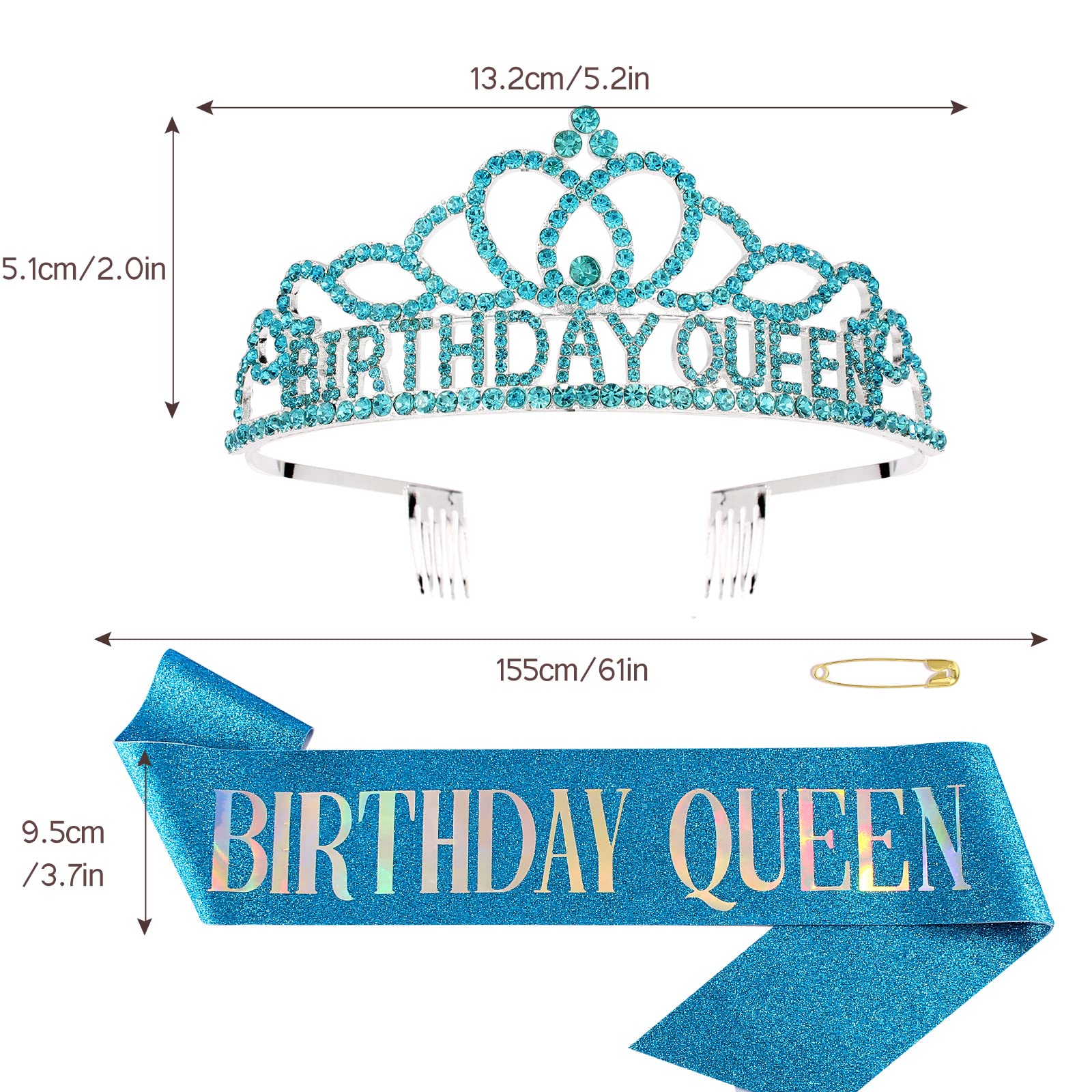 Blue Birthday Crown and Sash Set for Women - Elegant Queen Tiara & Sash for Birthday Party Decorations - Perfect for Birthday Celebrations, Bachelorette Parties & Special Events