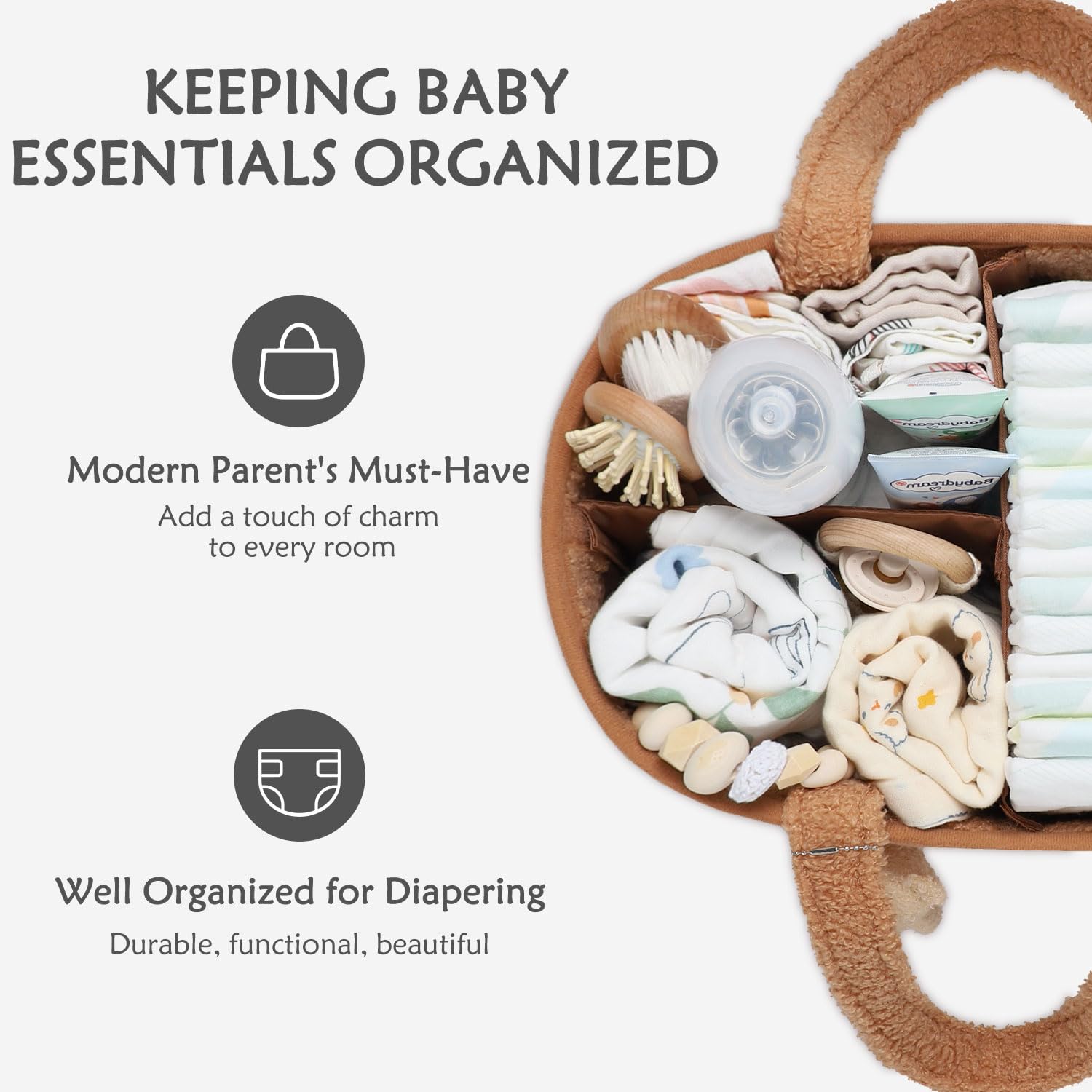 CLYMENE Baby Diaper Caddy Organizer - Portable Nursery Storage Basket for Diapers, Wipes & Baby Essentials | Newborn Changing Station Must-Have | Perfect Baby Shower Gift & Registry Item | Travel-Friendly Diaper Tote for Car & Home Use | Stylish Brown Beige Design | Ideal for Nursery Organization, On-the-Go Parents & Baby Care Convenience