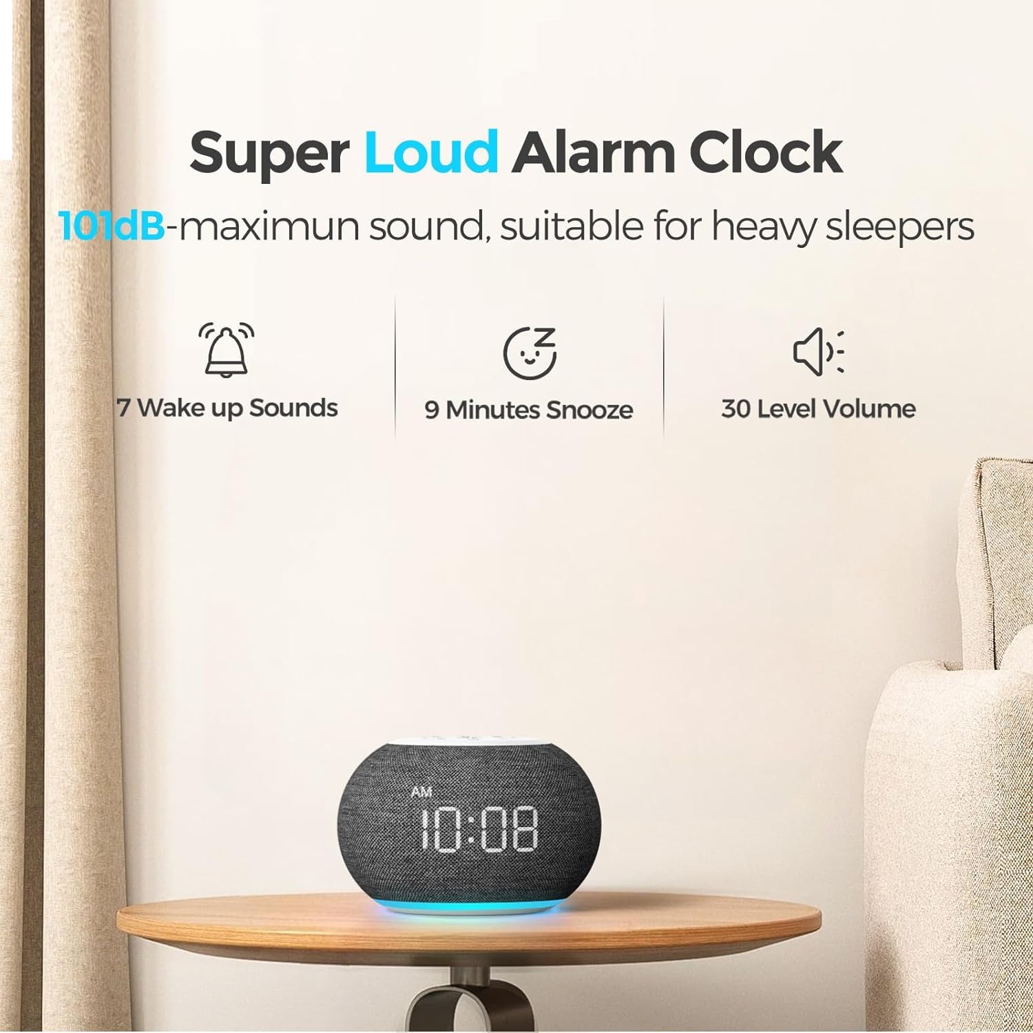 REACHER Auto Dimmable Alarm Clock Radio with FM Radio & 9-Color Night Light - Digital Bedside Clock with 0-100% Dimmer, 7 Wake Up Sounds & Sleep Timer - Perfect for Bedrooms, Home Office & Travel Use