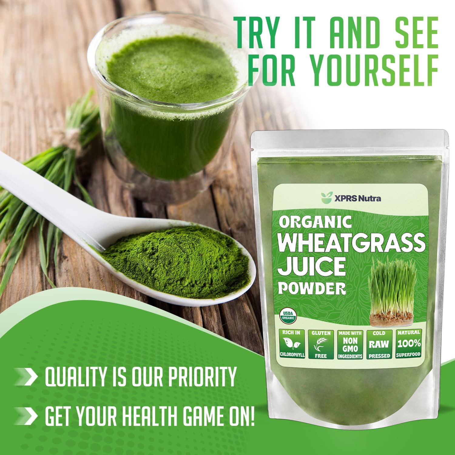 Organic Wheatgrass Juice Powder - Sustainably Grown, Instant & Concentrated - More Potent Than Regular Wheatgrass Powder - 4oz - Boost Energy, Detox & Immunity - Perfect for Smoothies, Juices & Wellness Shots