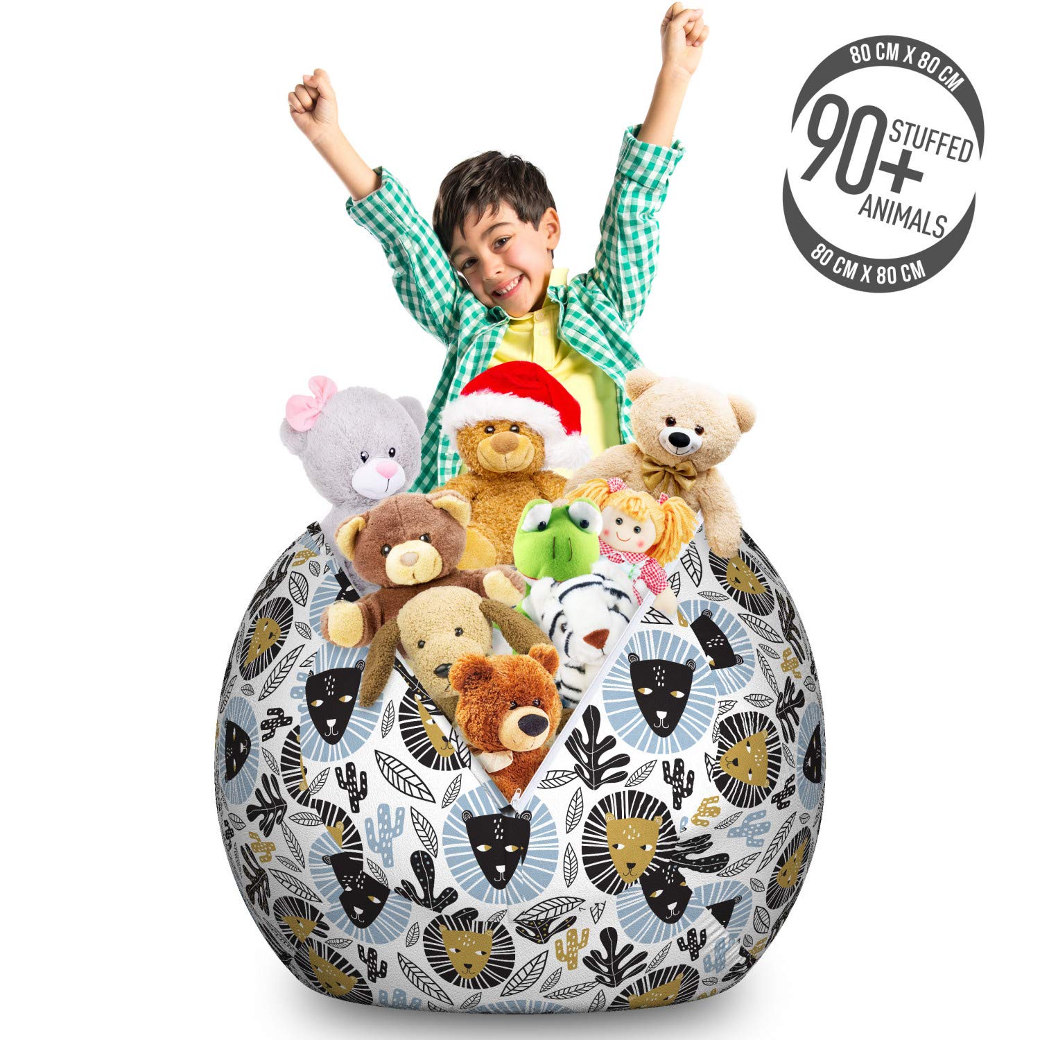 Ambesonne Cartoon Storage Toy Bag Chair - Tropical Leaves Cactus Plants & Lion Heads Pattern, Large Washable Stuffed Animal Organizer Bag for Kids Room, Playroom & Nursery - Multicolor
