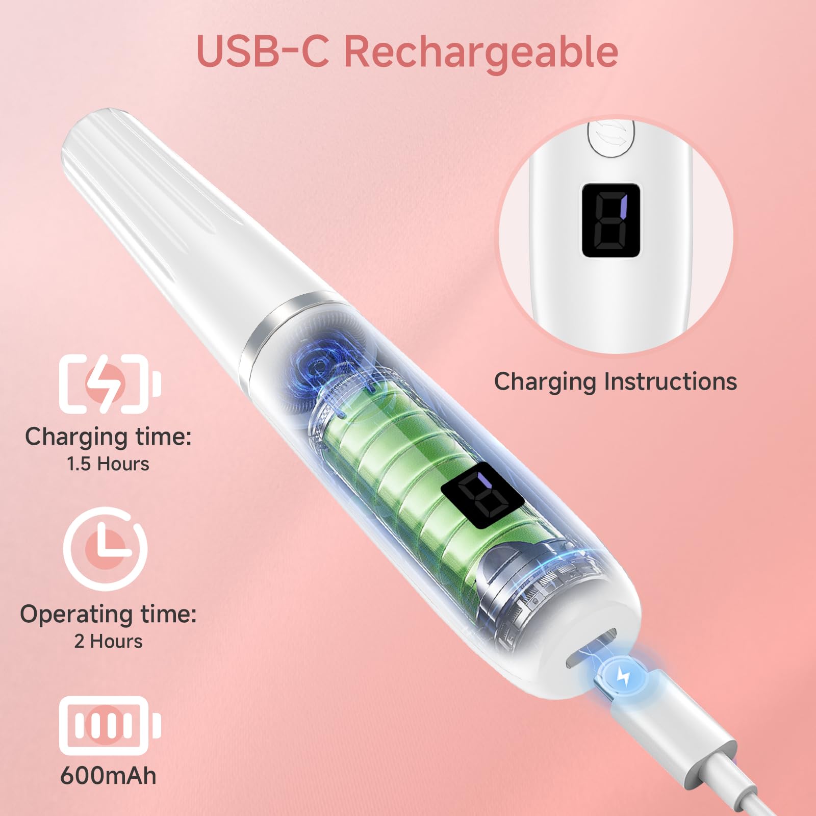 Professional Rechargeable Cordless Electric Nail Drill Kit - Acrylic Nail File & Buffer Set with Drill Bits & Sanding Bands | Perfect for Home Manicures & Salon Nail Art (White)