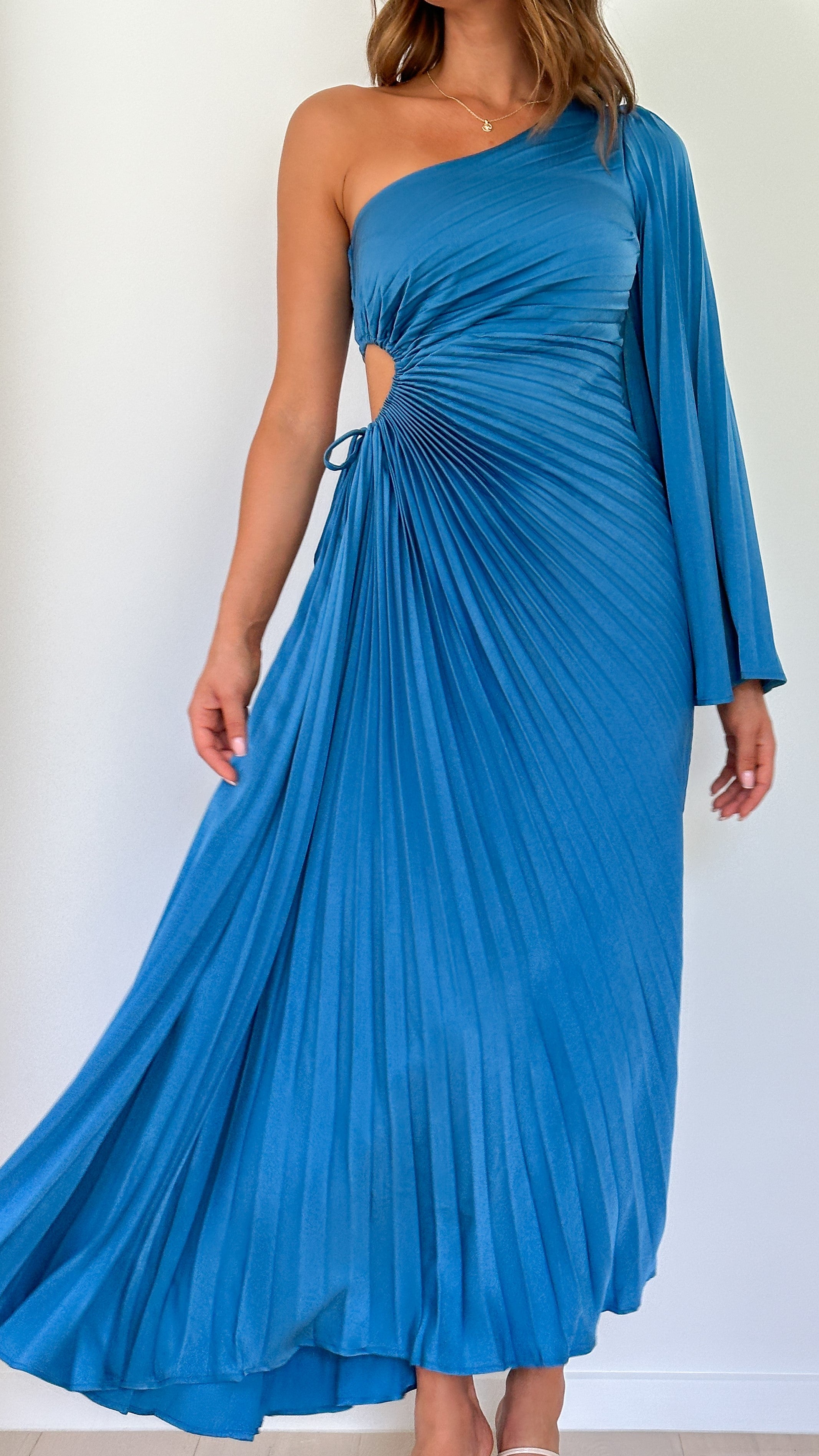 Gwen One Shoulder Maxi Dress for Women - Elegant Long Blue Evening Gown for Parties, Weddings & Special Occasions