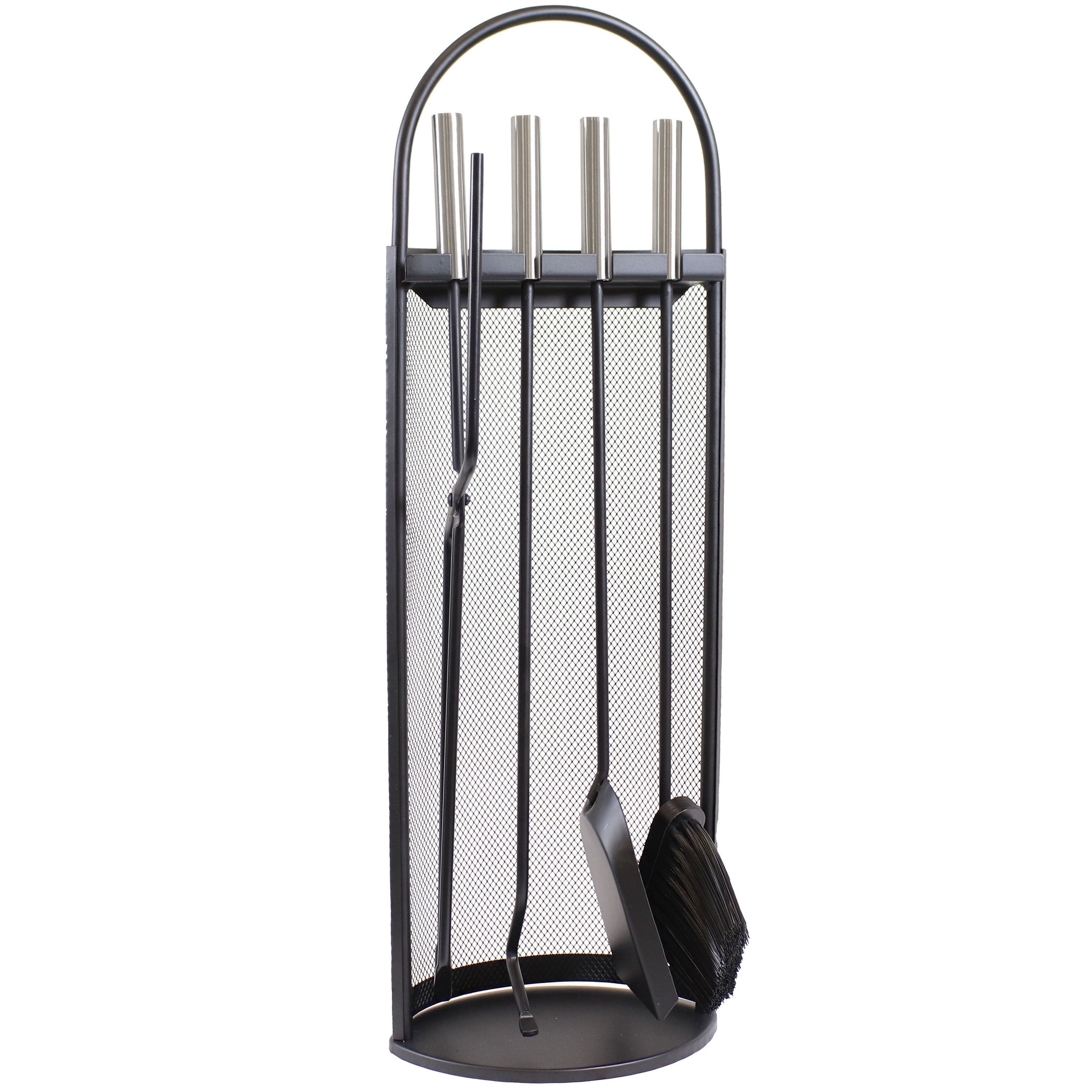 Sunnydaze 4-Piece Fireplace Tool Set with Mesh Shroud Holder - Heavy Duty Fireplace Accessories for Wood Burning Stoves & Fire Pits - Perfect for Indoor & Outdoor Use