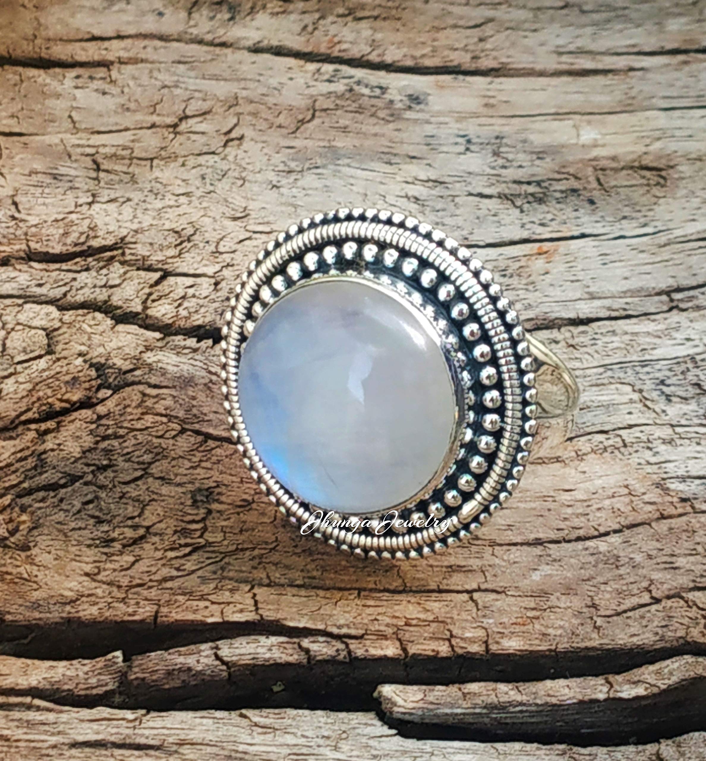 Natural Blue Flash Moonstone Ring - 925 Sterling Silver Artisan Jewelry with Rainbow Effect & Dotted Design | Wide Band Engagement Ring for Women/Men | Perfect Bridal Gift, Wedding Jewelry & Everyday Boho Chic Accessory