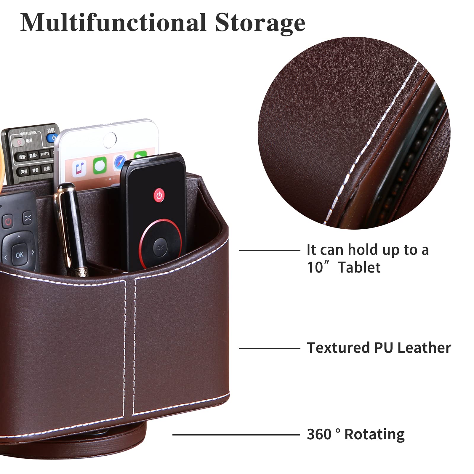 YAPISHI 360° Rotating Leather Remote Control Holder - Desk & Coffee Table Organizer for TV Remote, Controller, Phone, Pencil Storage | Perfect for Living Room, Bedroom, Office Organization