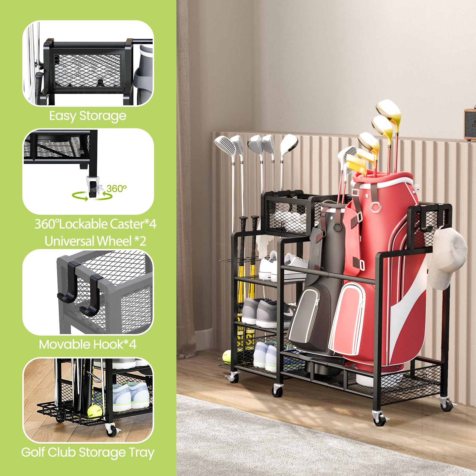 Recaceik Large Golf Storage Garage Organizer - Metal Golf Bag Stand with Wheels, Golf Club & Accessories Rack for Garage, Shed & Basement (Black) | Perfect for Golf Equipment Organization & Space Saving