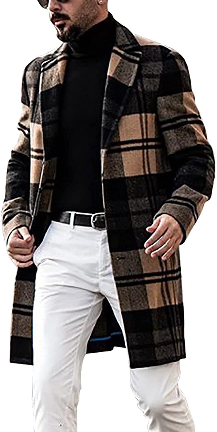 Men's Casual Notched Collar Plaid Wool Blend Trench Coat - Single Breasted Formal Topcoat for Business, Office & Winter Outfits