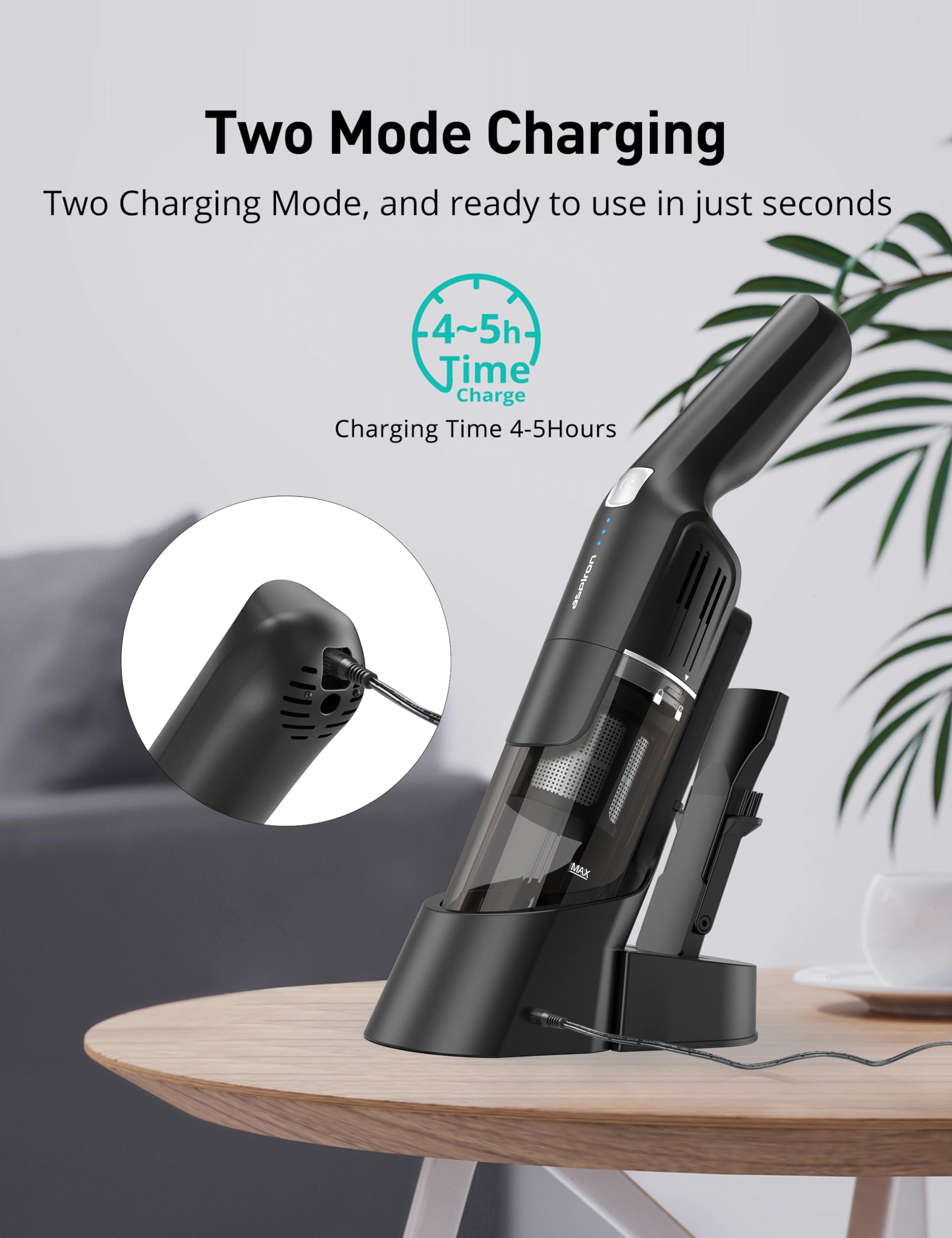 **Aspiron 15KPA Cordless Handheld Vacuum Cleaner - Rechargeable Car & Home Vacuum with Charging Dock, Ergonomic Handle, 2-in-1 Crevice Tool, 2-Speed Settings - Lightweight 1.8lb Portable Vacuum for Pet Hair, Car Seats & Stairs (Black)**