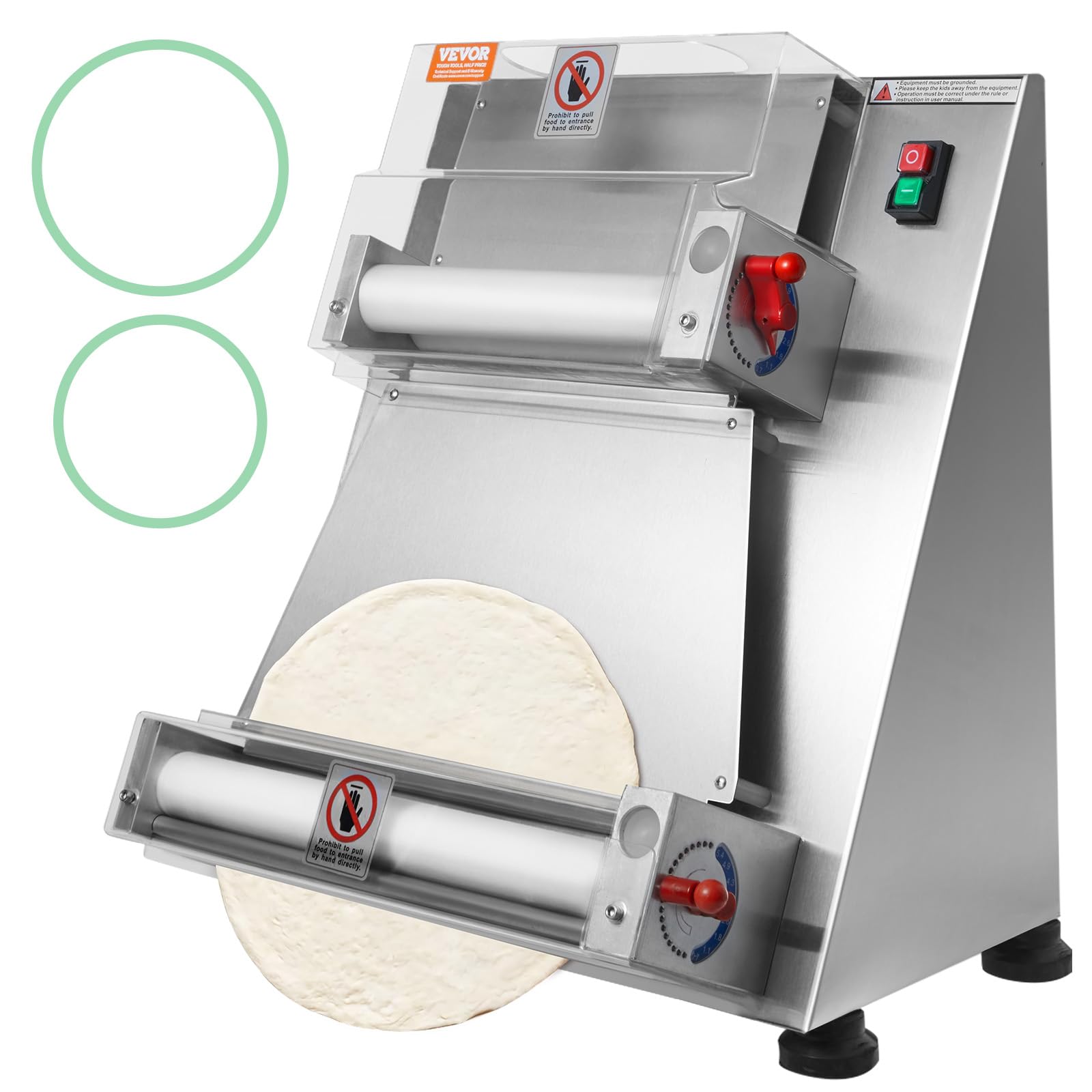 VEVOR Commercial Electric Pizza Dough Roller Sheeter Machine - 390W Stainless Steel Automatic Dough Press (3-15 Inch Adjustable Thickness, 260 Pizzas/Hour) - Perfect for Pizzerias, Bakeries & Italian Restaurants