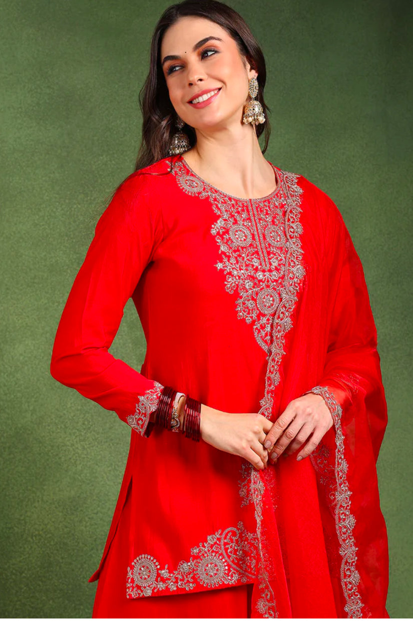 Elegant Red Silk Blend Embroidered Kurta Set for Women | Traditional Indian Ethnic Wear | Perfect for Festivals, Weddings & Special Occasions