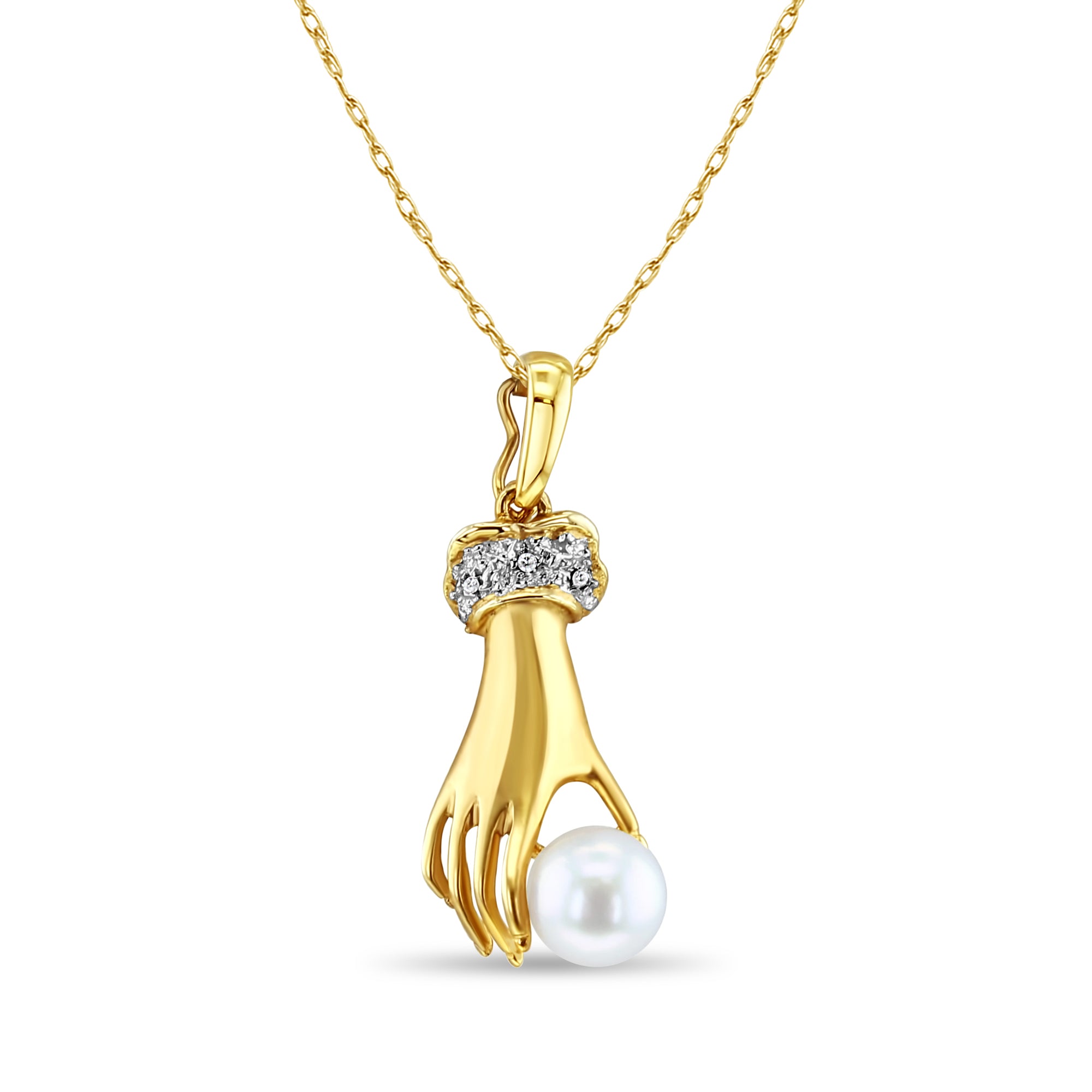 Pearl & Pave Diamond Accented Mudra Hand Necklace - Elegant Spiritual Jewelry for Meditation, Yoga & Boho Fashion