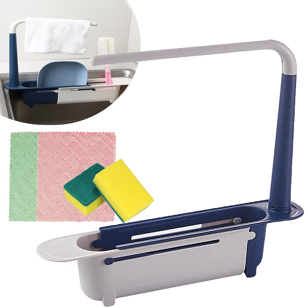 Adjustable 2-in-1 Telescopic Sink Shelf & Storage Rack | Expandable Kitchen Organizer with Sponge Holder & Dishcloth Hanger | Perfect for Small Spaces, Apartment Living & Clutter-Free Countertops (Blue)