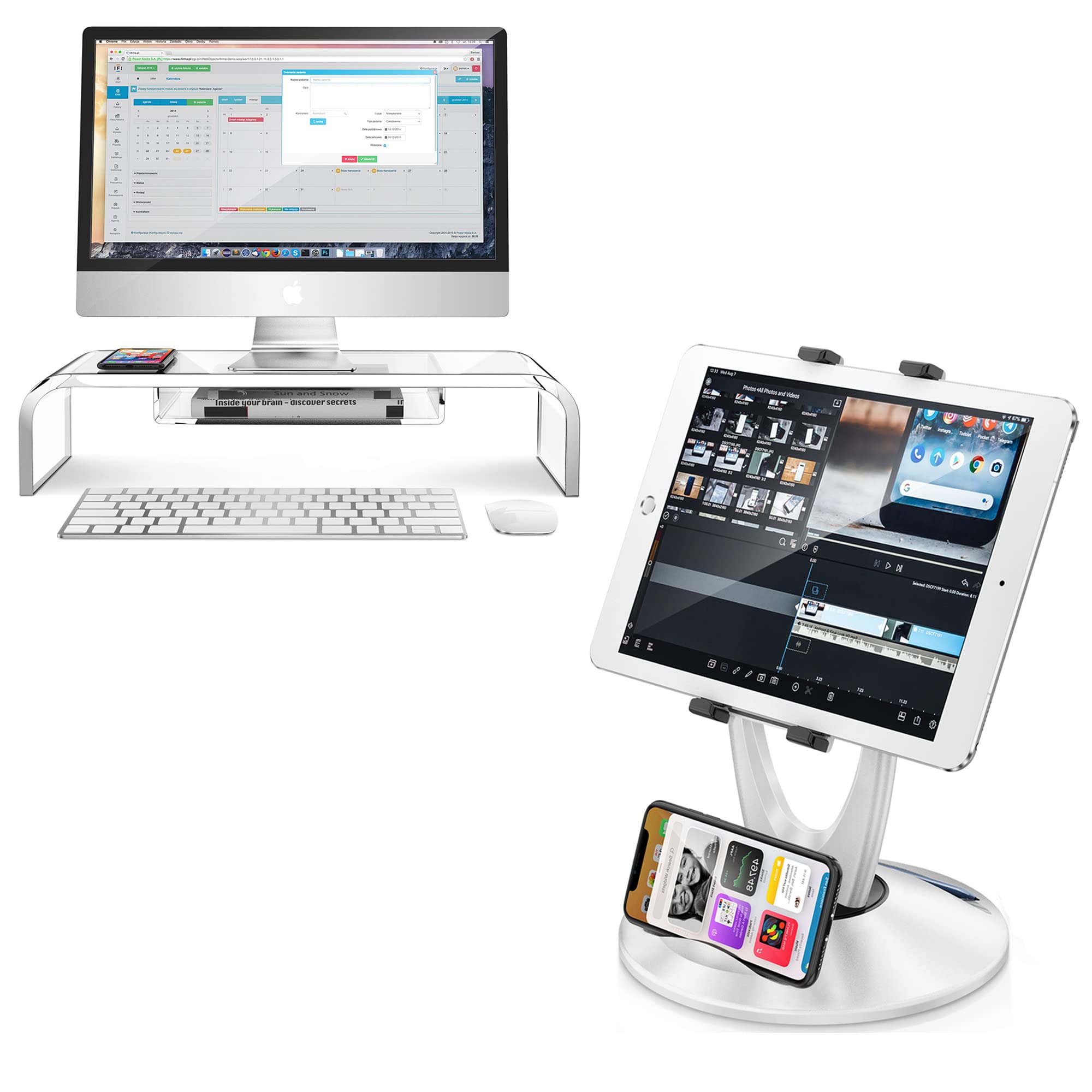 Adjustable Tablet Stand for Desk & Clear Acrylic Monitor Riser - TS-8W + MS-2 Set | Perfect for Home Office, Workstation & Ergonomic Computing Setup