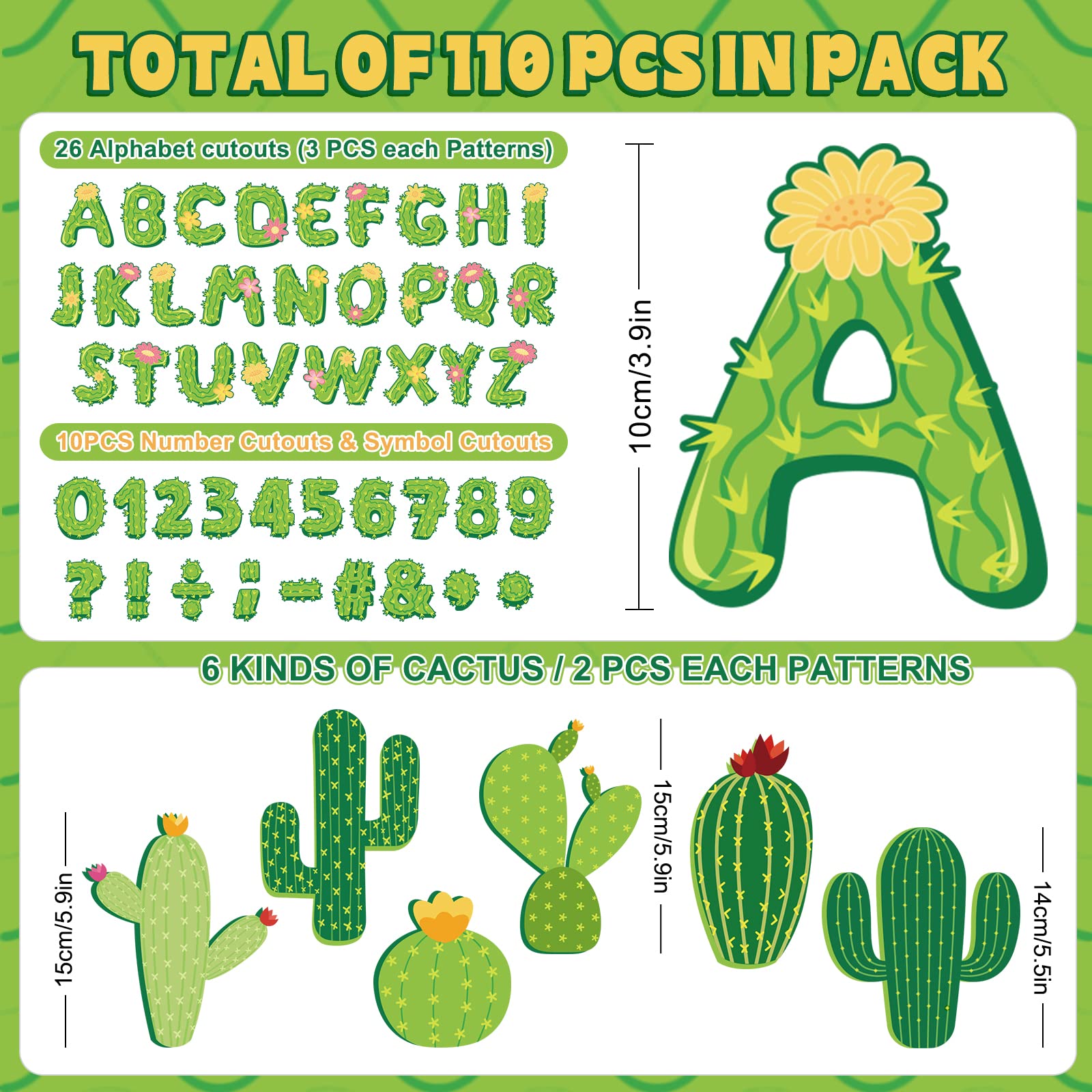 Whaline 110Pcs Cactus Classroom Decor Set - Alphabet Letters, Numbers & Symbols Cutouts for Bulletin Boards, DIY Projects, Back to School Decorations - Perfect for Kids Classroom, Summer Party, and Cactus-Themed Events