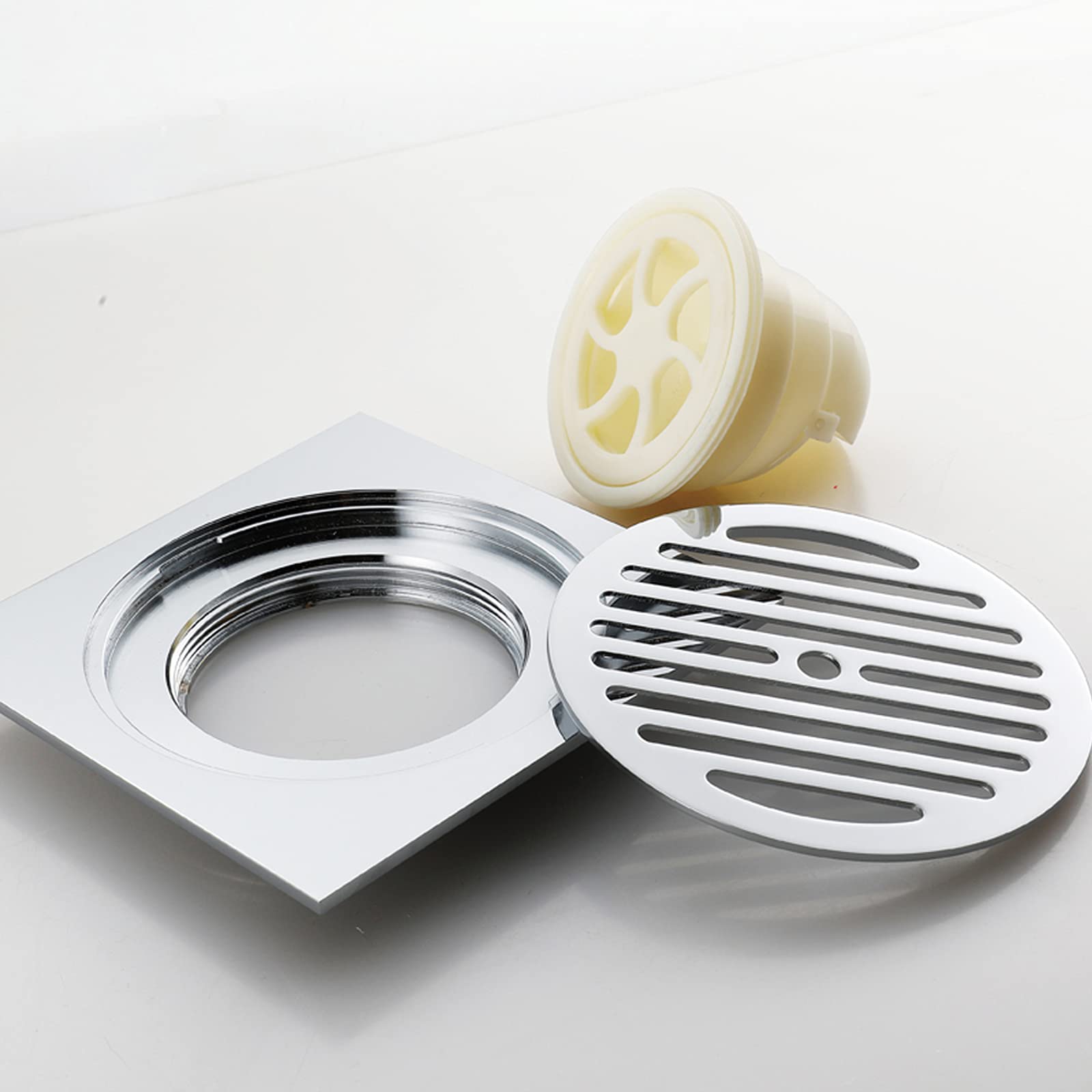 6 Inch Brass Square Shower Drain - Chrome Bathroom Floor Drain with Removable Cover Grate - Ideal for Bathroom, Shower, and Wet Room Installations