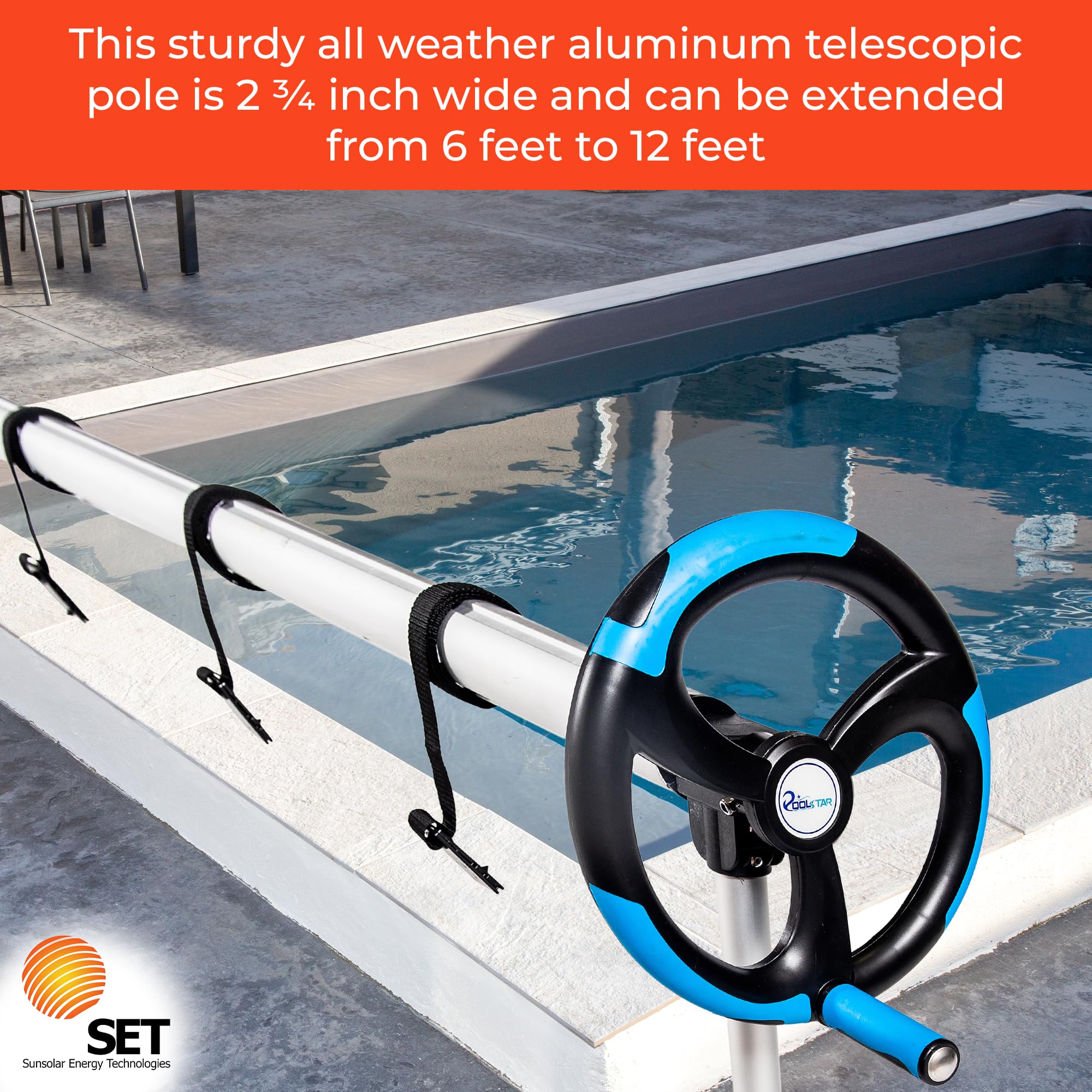 SunSolar In-Ground Pool Cover Reel Set - 3-Piece Aluminum Telescoping Pole with Spinning Reel - Heavy Duty Buckle and Straps for Secure Pool Cover Attachment - Wheeled Base for Easy Moving - 15 Feet - Perfect for Inground Pool Maintenance and Winter Cover Storage