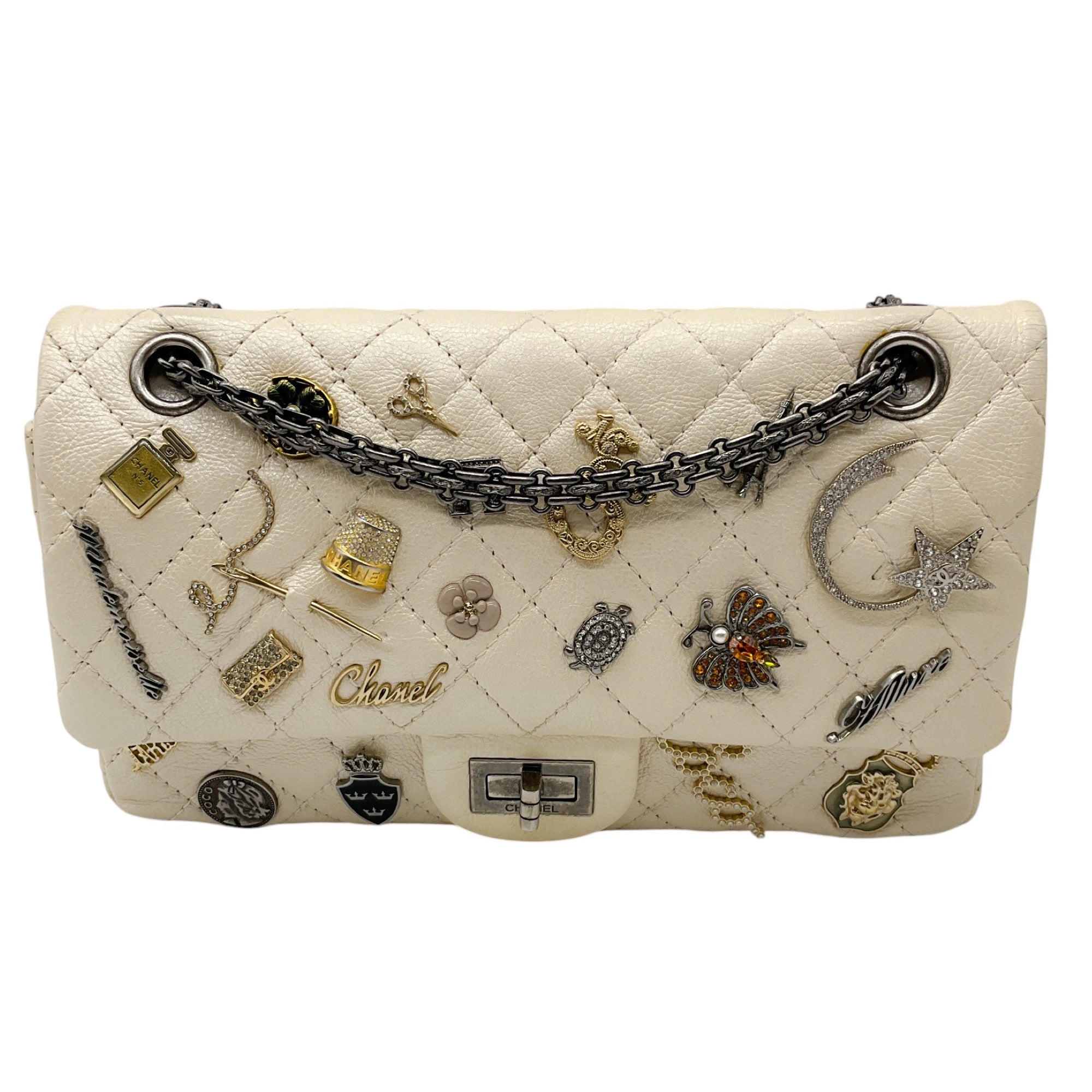 Chanel Limited Edition Ivory Metallic Quilted 2.55 Reissue Flap Bag - Vintage Calfskin Leather with Lucky Charms | Luxury Handbag for Women, Perfect for Parties, Weddings & Special Occasions