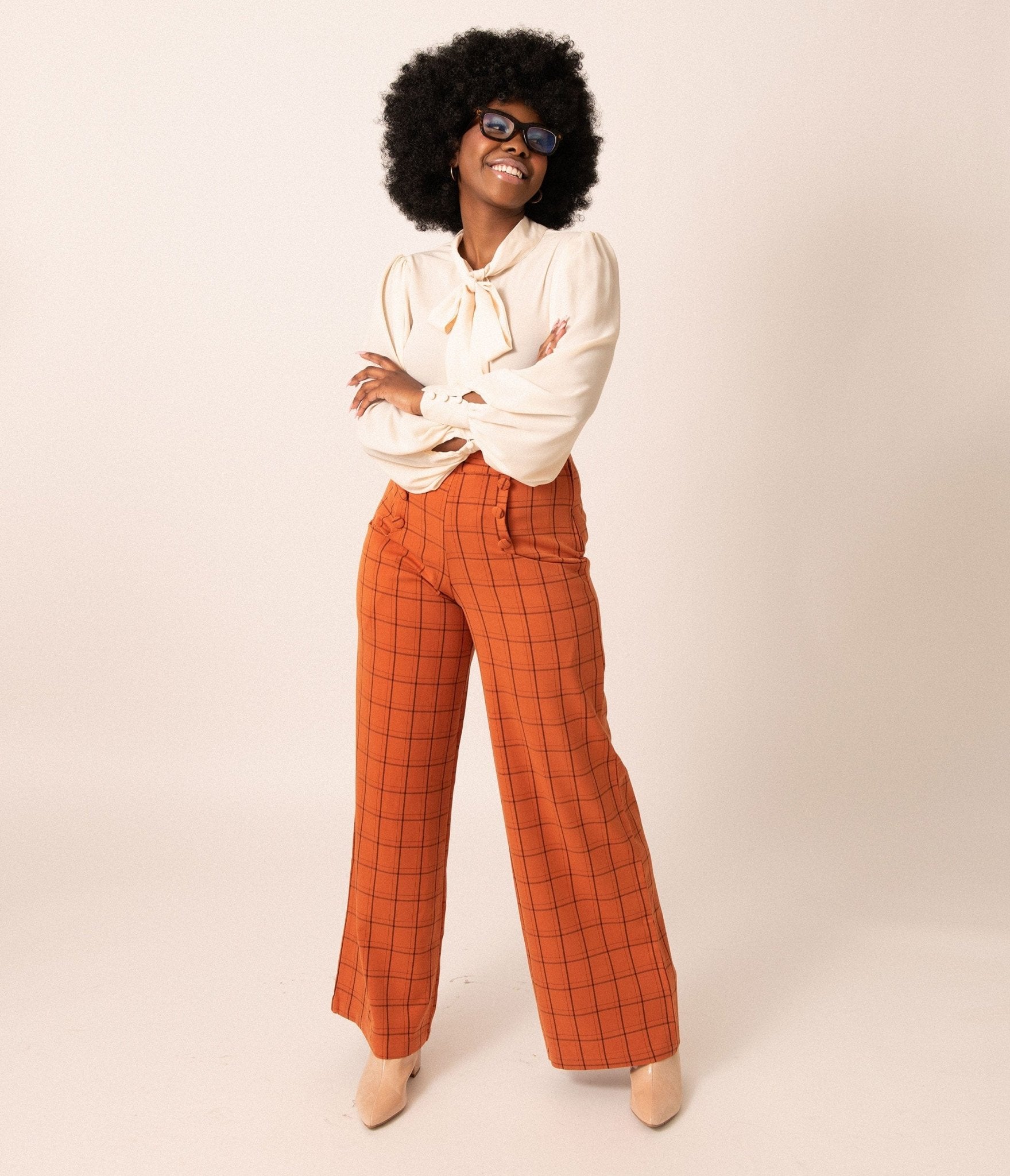 Vintage 1940s Orange Windowpane High Waist Ginger Pants - Retro Women's Trousers for Casual Wear & Costume Parties
