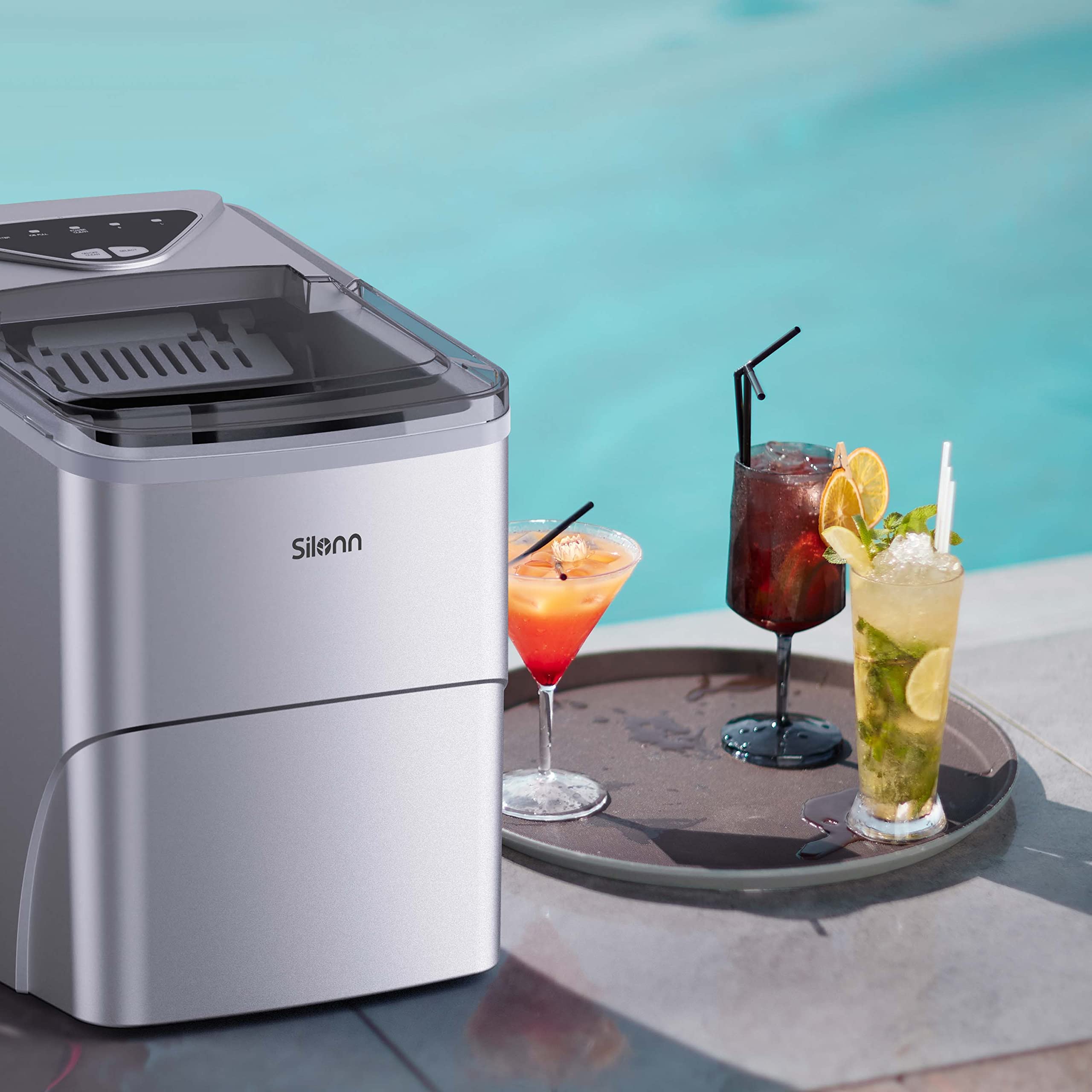 Silonn Countertop Ice Maker Machine - 9 Cubes in 6 Minutes, 26lbs Daily - Self-Cleaning with Ice Scoop & Basket - 2 Bullet Ice Sizes for Home, Kitchen, Office, Bar & Party Use - Silver (Perfect for Cocktails, Beverages & Entertaining)