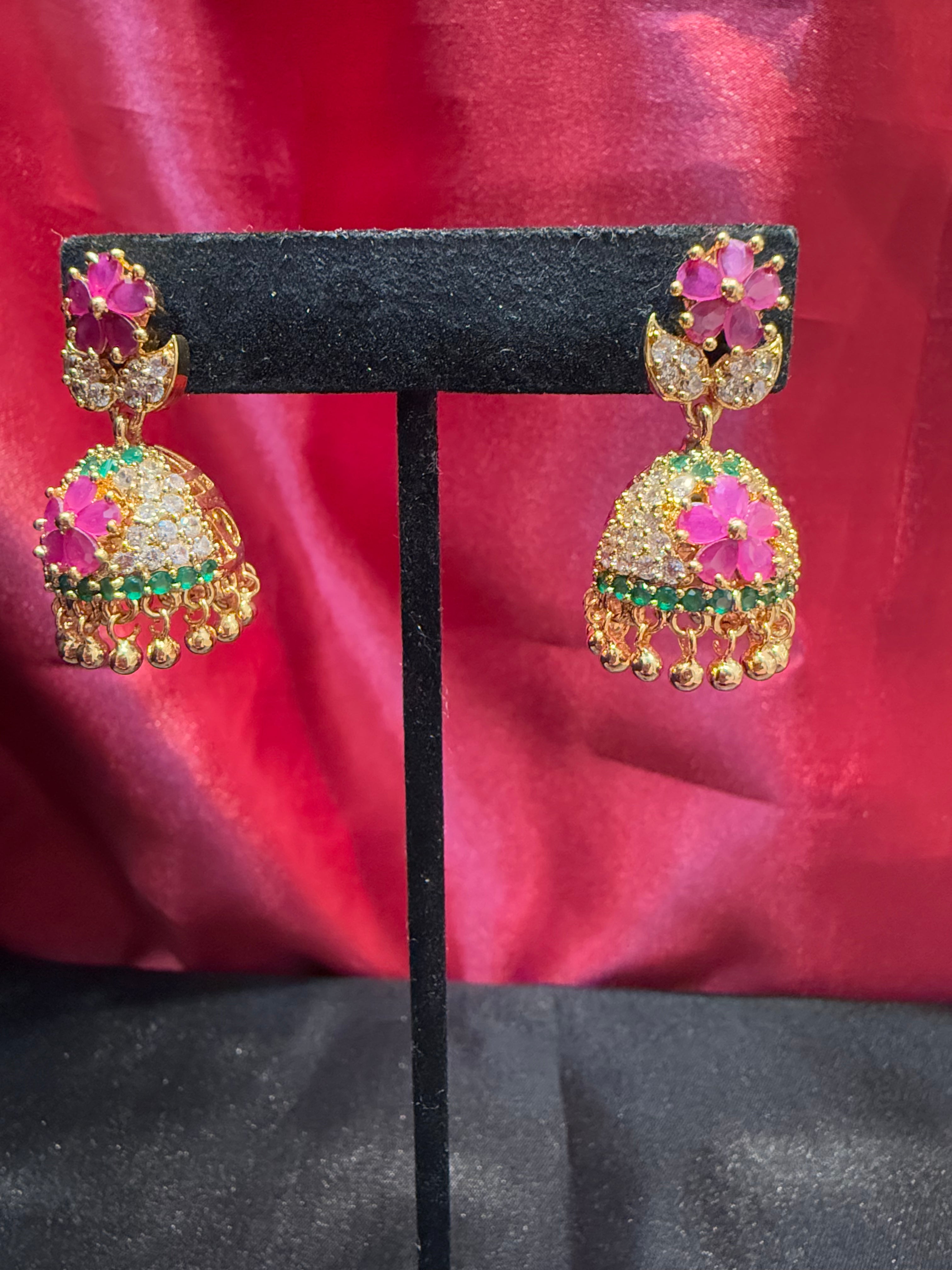 Exquisite Gold Plated Jhumka Earrings with Pink & Green Gemstones Floral Design for Women | Indian Ethnic Jewelry for Weddings, Parties & Festive Occasions
