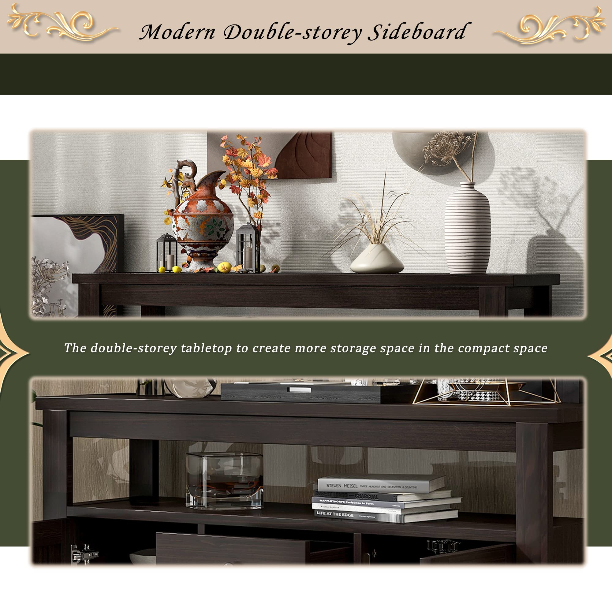Modern Wood Accent Buffet Sideboard with Double-Tier Tabletop & 9-Bottle Wine Storage Cabinet - Espresso Finish for Entryway, Kitchen, Dining Room & Living Room Decor