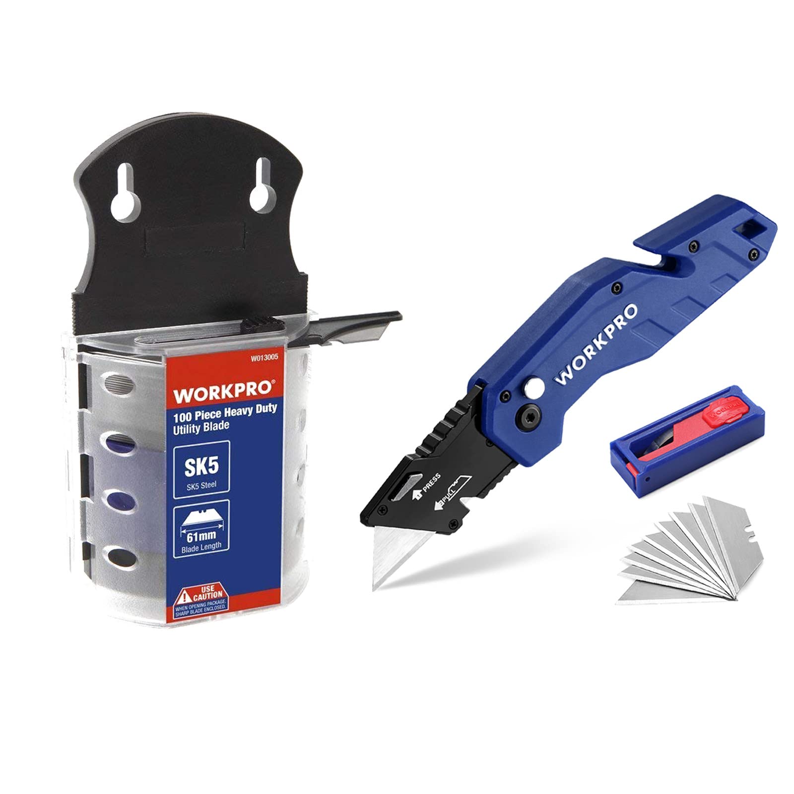 WORKPRO 100-Pack SK5 Utility Knife Blades & Folding Utility Knife (Blue) - Heavy Duty Replacement Blades for Box Cutting, Crafting, DIY Projects and Home Improvement