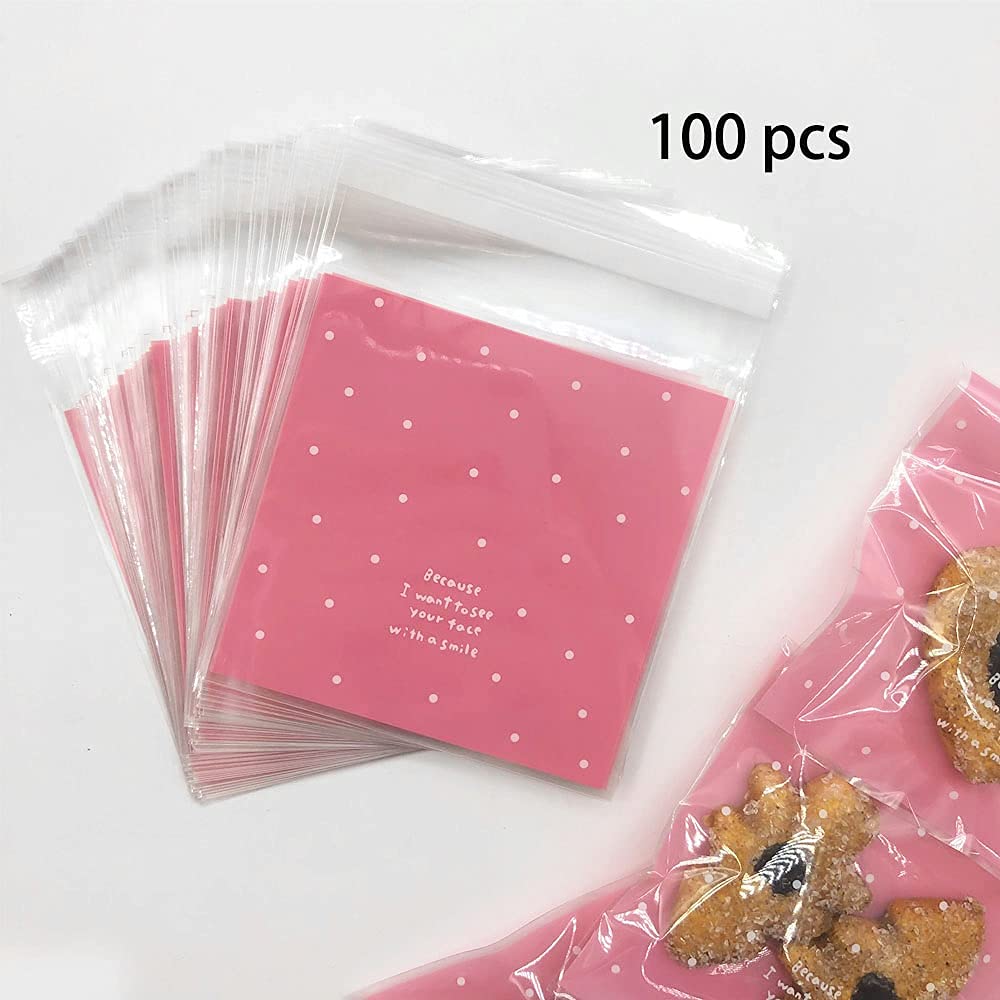 100pcs Pink Self-Adhesive Treat Bags - Small Cellophane Cookie Bags for Candy, Bakery, Party & Wedding Favors (3.94” x 3.94”) | Perfect for Birthday Parties, Baby Showers, Bridal Showers & Holiday Gift Wrapping