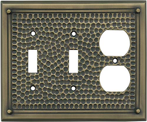 Antique Brass Hammered Wall Plate with Nails - 2 Toggle/Outlet Combo Cover - Perfect for Vintage Home Decor & Electrical Outlet Protection