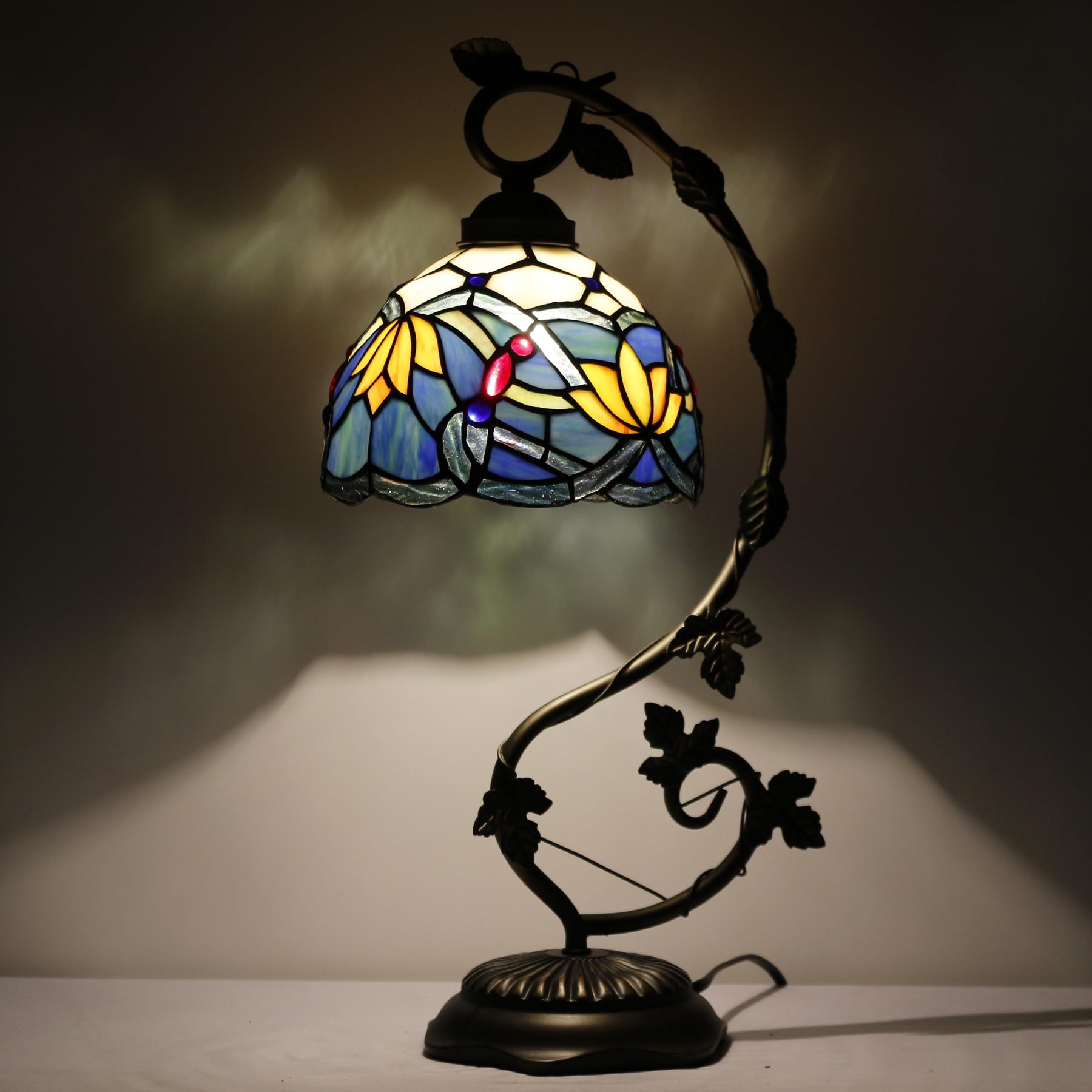 Tiffany Style Blue Stained Glass Lotus Table Lamp with Metal Leaf Base - 8x10x21 Inch Desk Reading Light for Bedroom, Home Office & Small Space Decor | S220 Series | Perfect for Cozy Reading Nooks & Nightstand Lighting