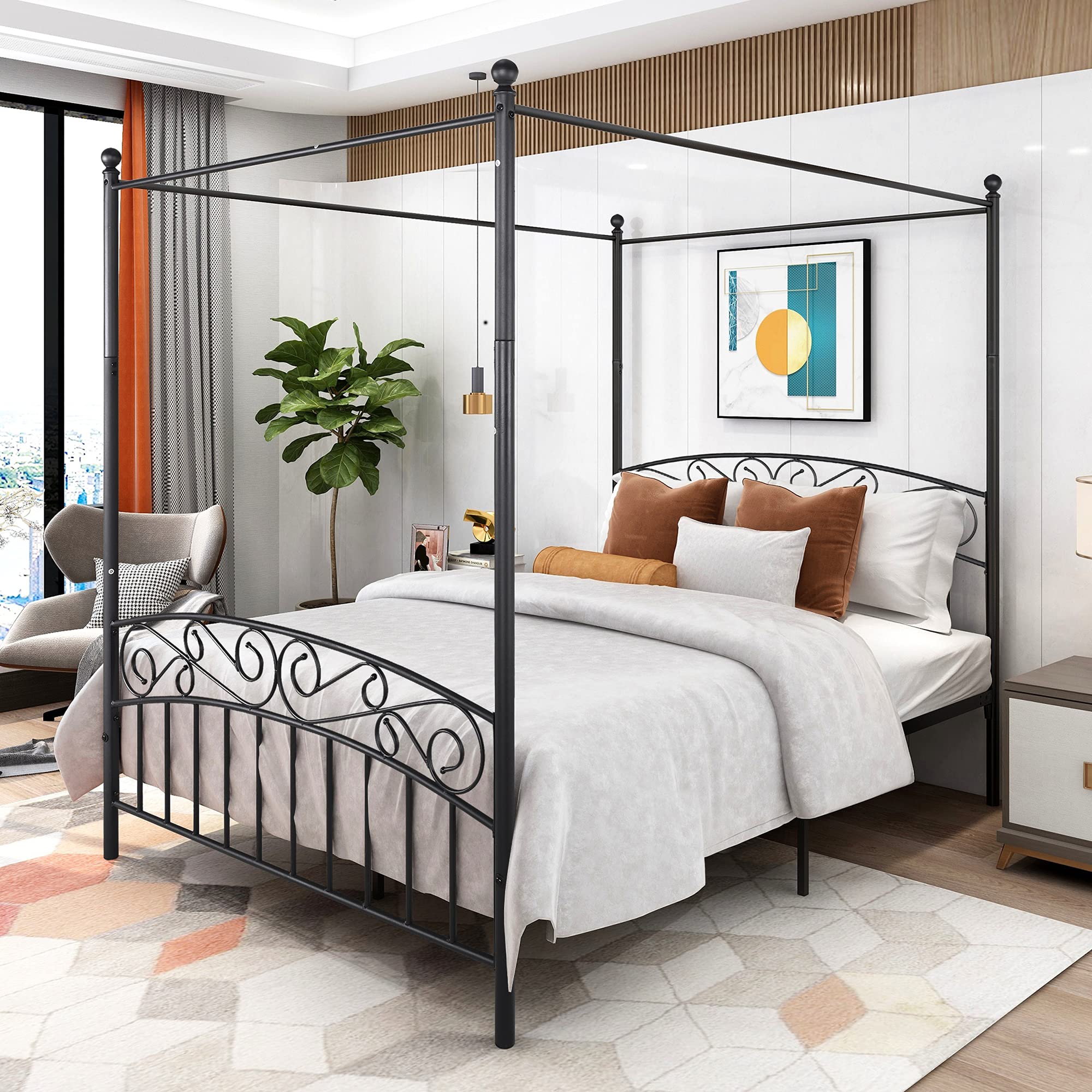 Queen Canopy Bed Frame - Elegant Metal Platform Bed with European Style Headboard & Footboard, No Box Spring Required in Black | Perfect for Master Bedroom, Guest Room & Luxury Bedroom Decor