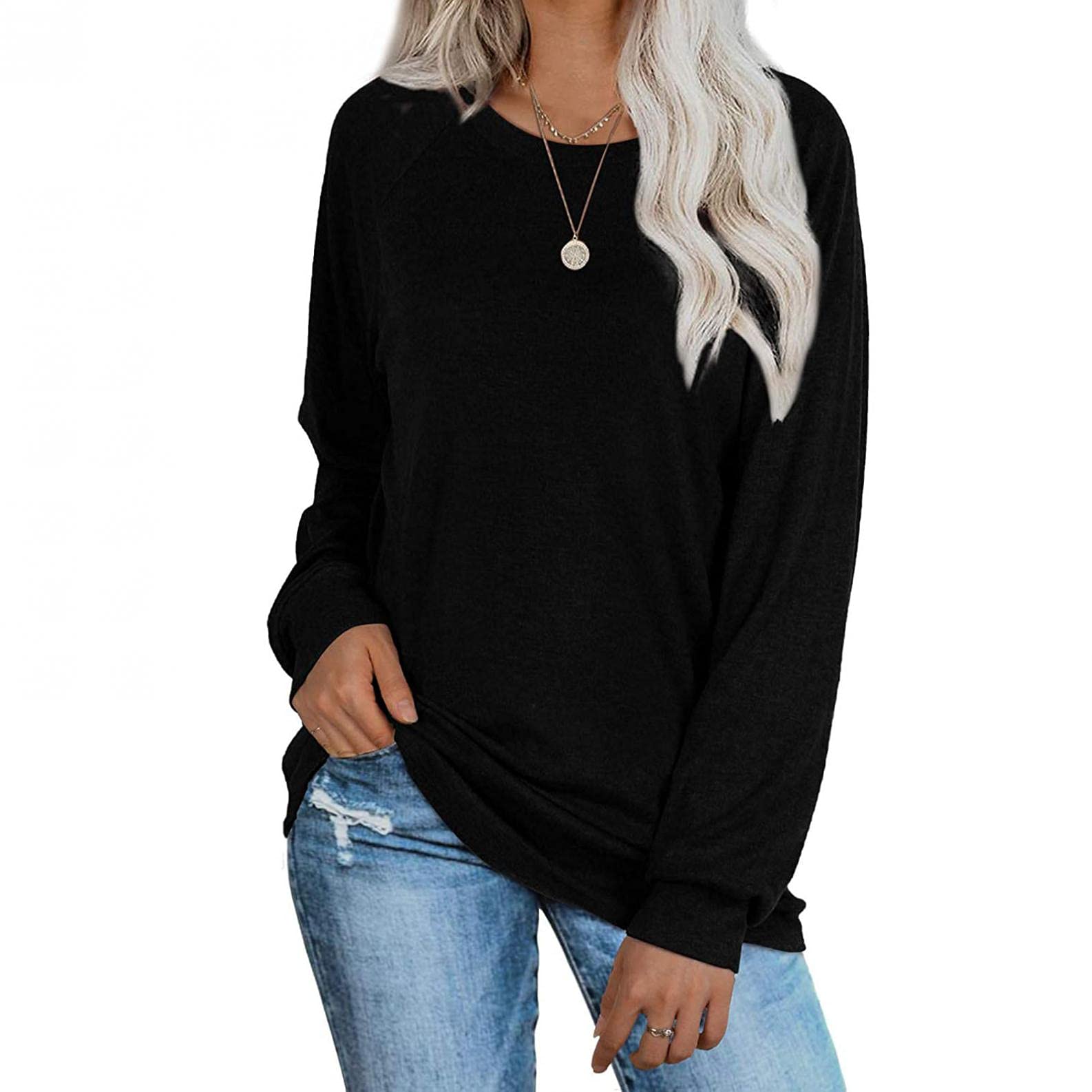 Xudanell Women's Long Sleeve Crewneck T-Shirts - Sexy Plus Size Casual Fashion Sweatshirts for Everyday Wear & Layering Outfits