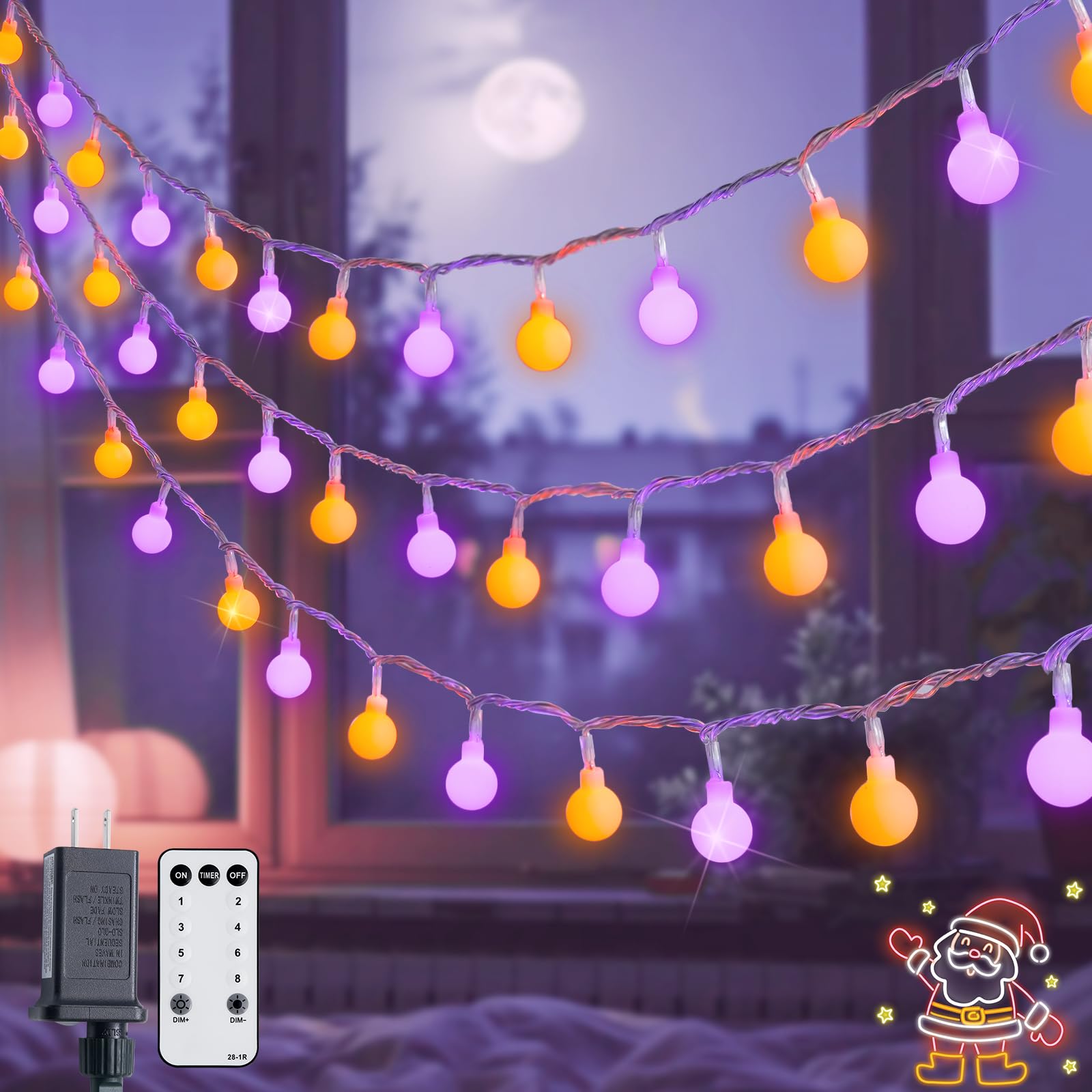 JMEXSUSS 100 LED Orange & Purple Connectable Globe String Lights - 33ft Plug-in with Remote, 8 Lighting Modes for Indoor/Outdoor Christmas Decor, Bedroom, Party & Carnival Lighting | Perfect for Holiday, Wedding, Garden & Patio Decorations