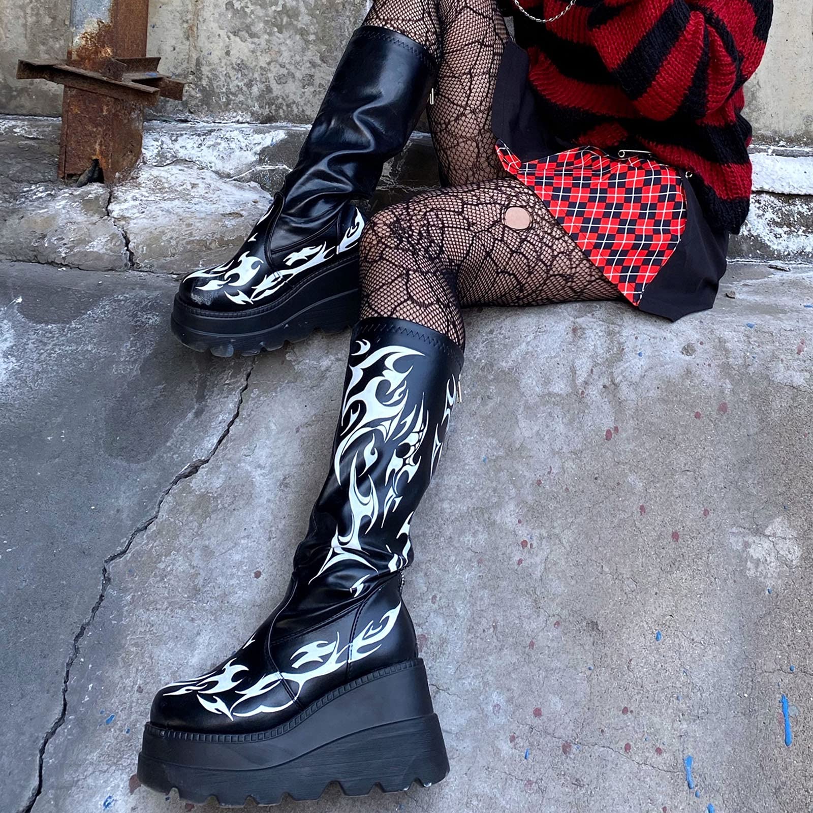 Erocalli Women's Gothic Platform Wedge Heel Mid Calf Boots - Combat & Motorcycle Style Boots for Punk, Rock, and Gothic Fashion Outfits