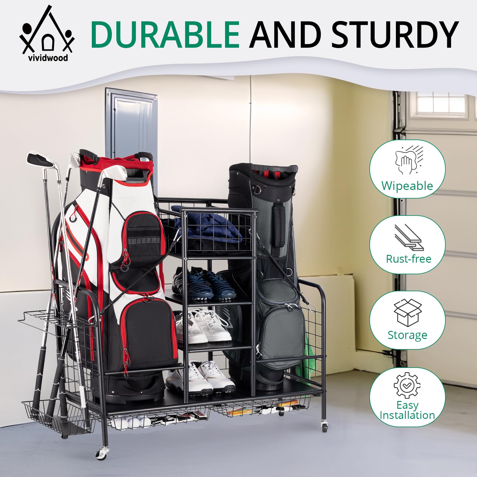 Premium Golf Bag Organizer Stand - Heavy Duty Storage Rack for 2 Golf Bags, Clubs, Balls & Accessories | Extra Large Golf Equipment Organizer for Garage, Basement & Clubhouse | Perfect for Golf Enthusiasts & Professional Players