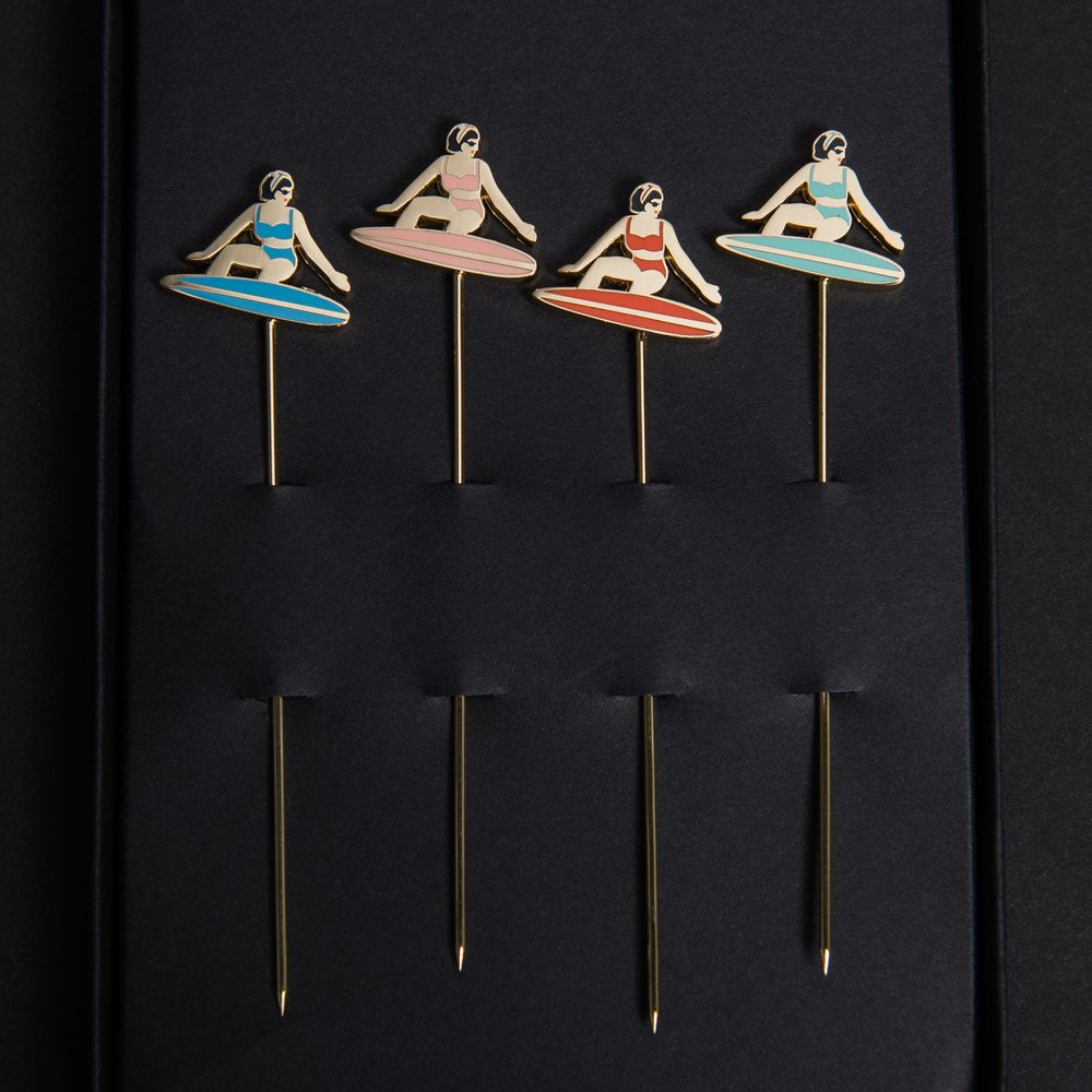 Love & Victory Surfboard Cocktail Picks - Set of 4 - Stainless Steel Drink Garnish Skewers for Beach Parties, Tropical Cocktails & Summer Entertaining