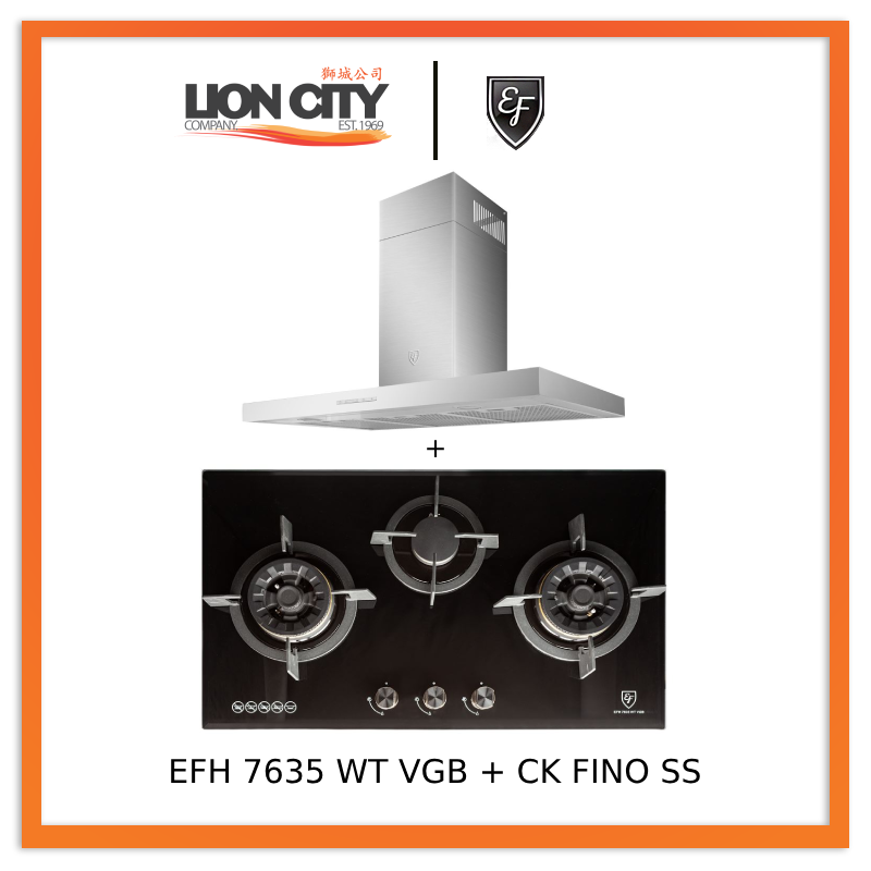 EF 90cm Stainless Steel Chimney Hood CK Fino & EF 78cm Gas Hob with 3 Brass Burners EFH 7635 WT VGB - Perfect for Modern Kitchen Ventilation & Cooking