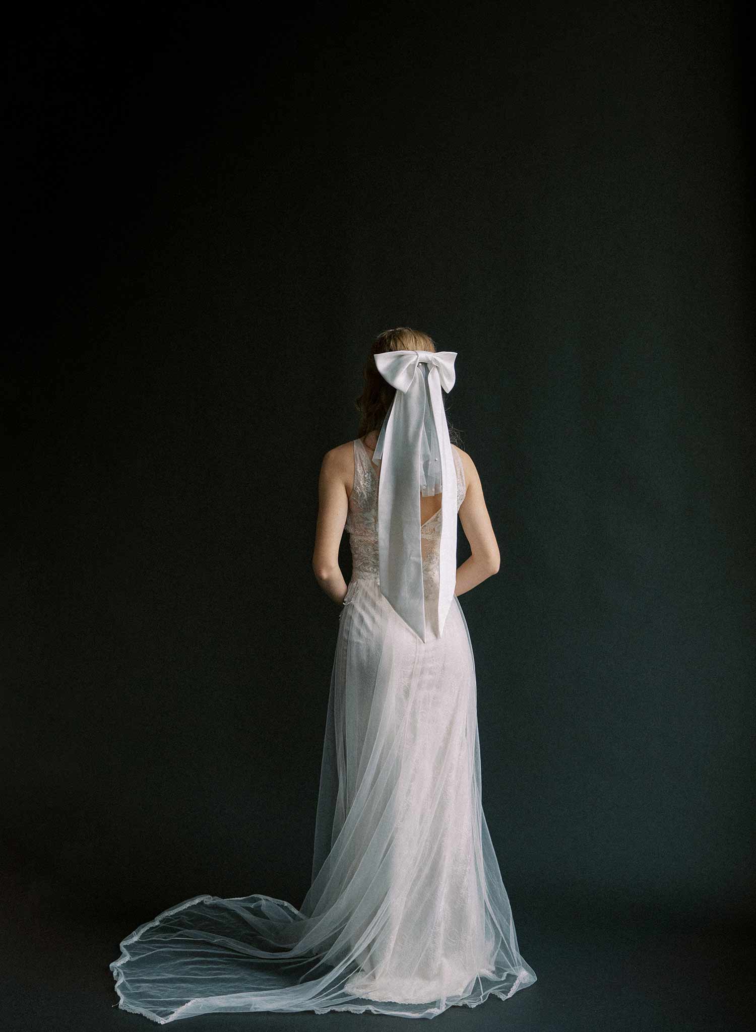 Elegant Silk Wedding Hair Bow with Long Tails & Pearl Mini Veil - Style #2575 | Perfect for Bridal Accessories, Bridesmaids & Special Occasions