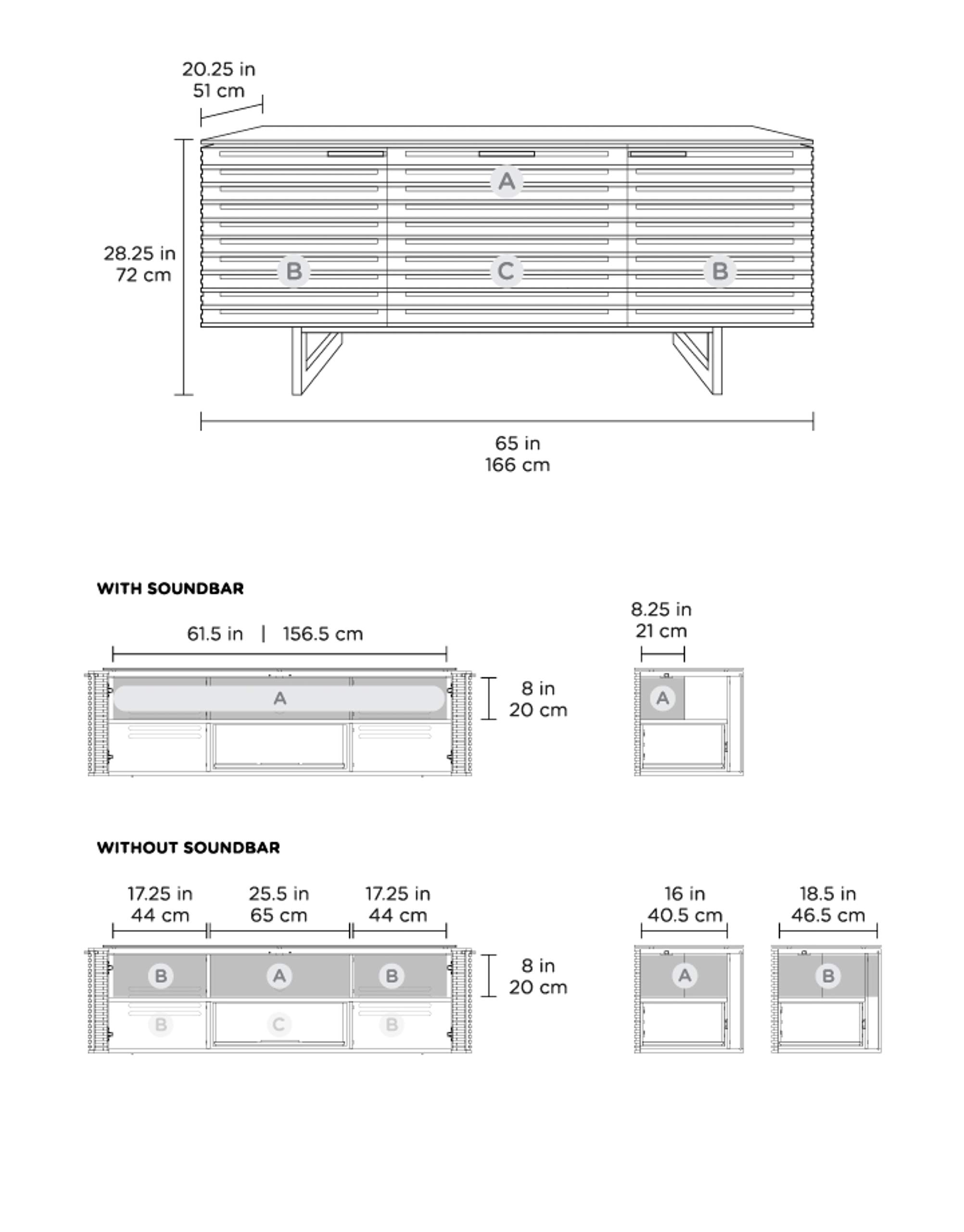 BDI Furniture Corridor 8177-65'' TV Stand for 70 Inch TVs - Modern Entertainment Center with Soundbar Shelf, Storage Drawer & Cable Management | Remote-Friendly Louver Doors, Satin-Etched Glass Top in Charcoal Stained Ash | Perfect for Living Room & Home Theater Setup