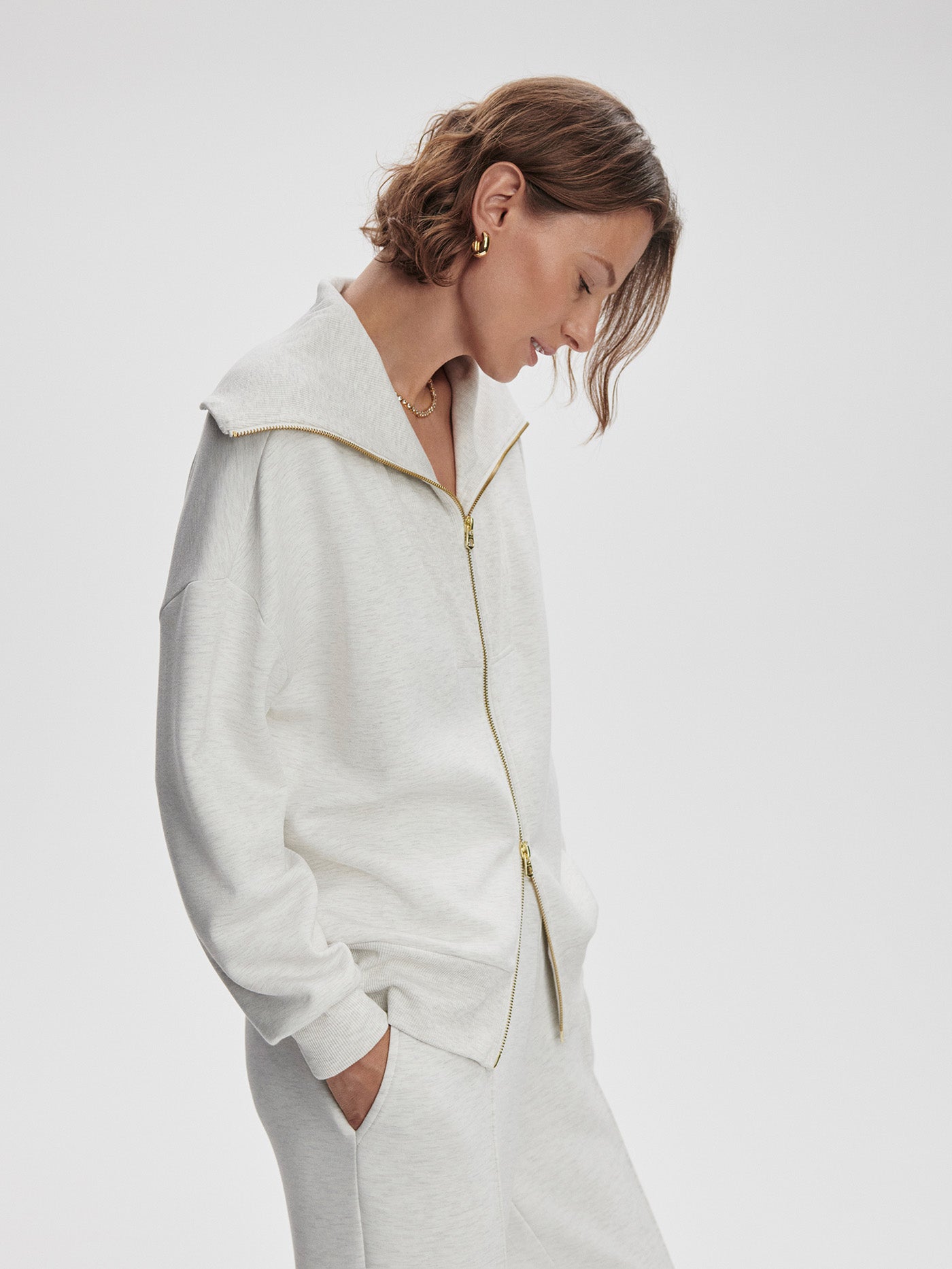 Varley Halley Zip Through Sweatshirt - Ivory Marl Color | Women's Casual Pullover Hoodie for Yoga, Running & Lounge Wear